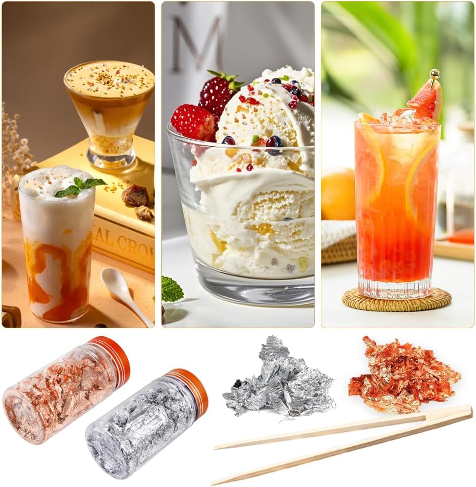 Joyzan Gold Flakes, Gold Foil Leaf Decoration Imitation Metallic Chocolates Baking Sheet Cake Decor Tweezers Resin Cooking Dessert Makeup Nail Art DIY Craft Jewelry Making Painting Slime 20g 2 Bottles