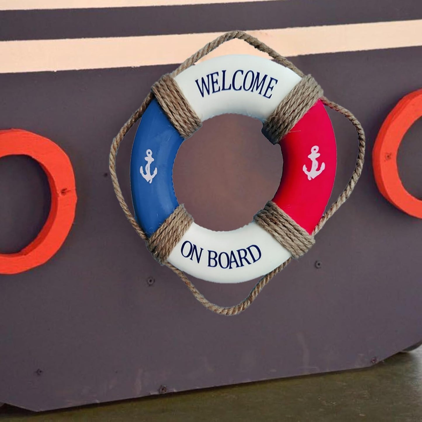 MorroMorn Lifebuoy Wall Hanging Decor - Welcome Aboard Mediterranean Style Home Decoration Hemp Rope (Blue, 14")