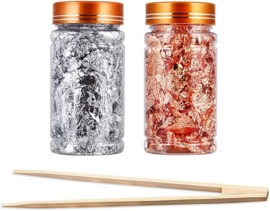 Gold Flakes for Resin, 2 Bottles 10g Imitation Golden Foil Gilding Flake Metallic Leaf for Cake Decoration Chocolate Making Nails Painting Art Crafts with Bamboo Tweezers (Silver, Copper Colors)