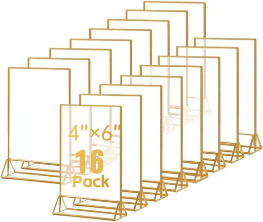 16 Pack Gold Acrylic Sign Holder, 4x6 Inch Picture Frames Wedding Double Sided Display Clear Sign Holders Stand Desktop Table Menu for Wedding Party Restaurant