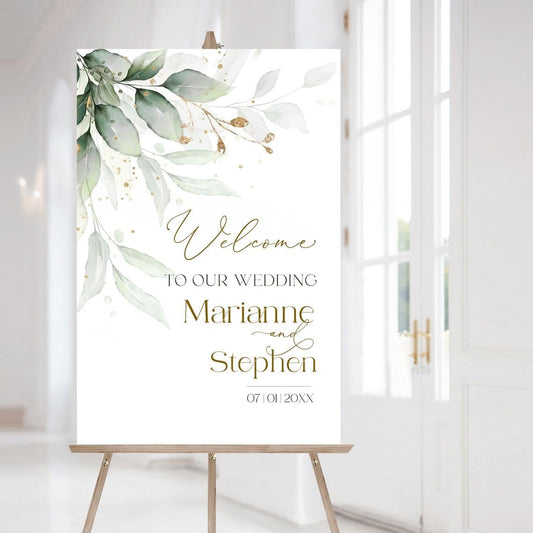 Welcome To Our Wedding Sign, Welcome To Our Wedding Sign With Stand, Sage Wedding Welcome Sign Greenery Gold Welcome Poster | Eucalyptus Wedding Board