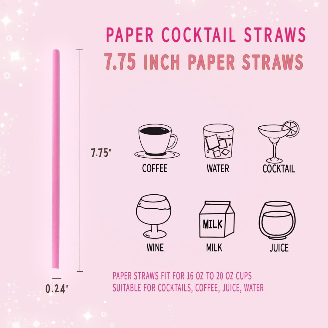 Pink Cocktail Paper Straws - Biodegradable Disposable Drinking Straws for Weddings, Birthdays, Baby Showers, Party Supplies, 100 Pack Bulk, 7.75" x 0.24"