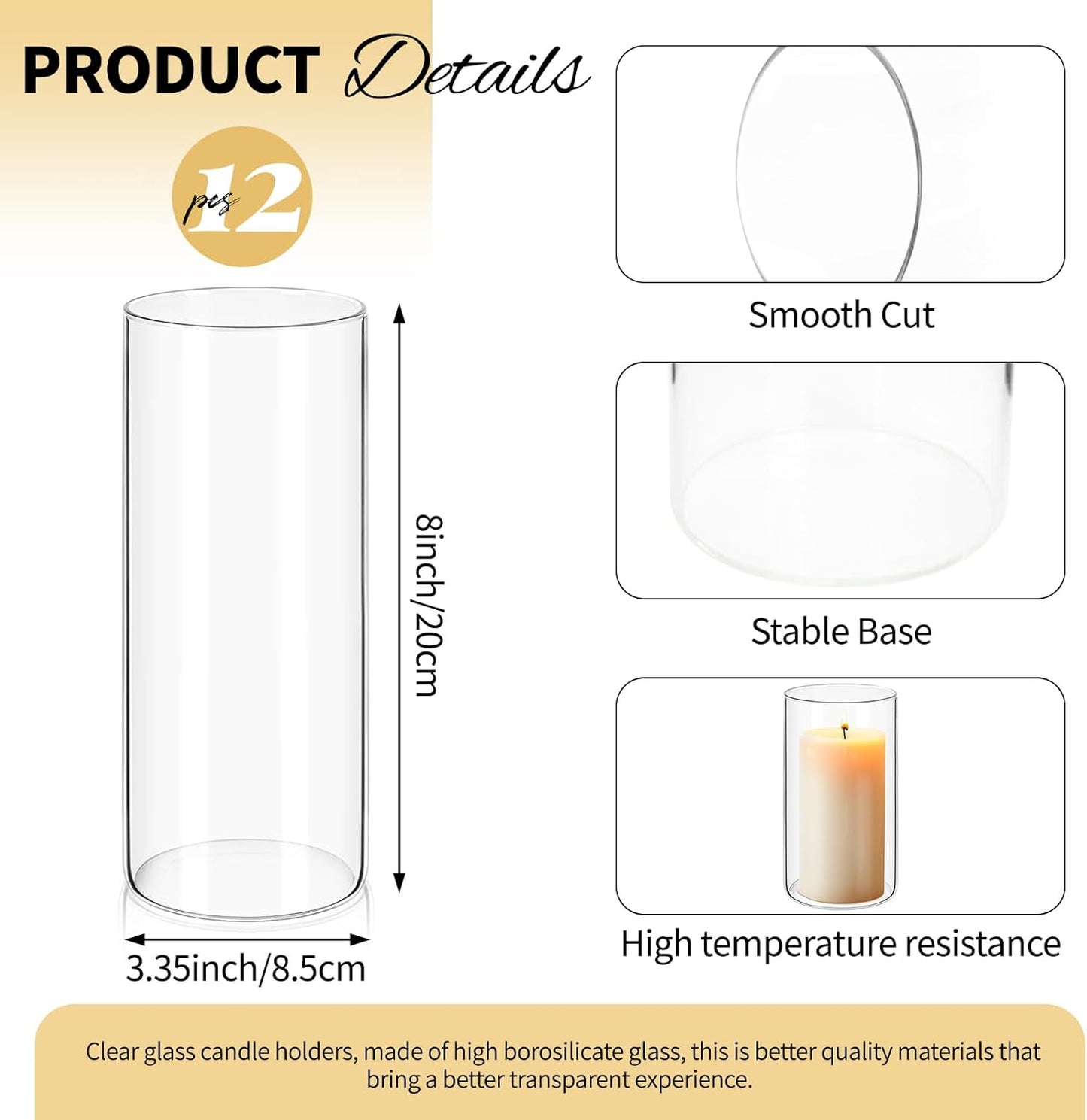 12Pack Glass Cylinder Vases for Centerpieces - 8 Inch Tall Flower Vase for Wedding Decorations, Floating Candle Holder Vase Bulk,Glass Hurricane Candle Holders for Table Shelf, Party, Home Decor