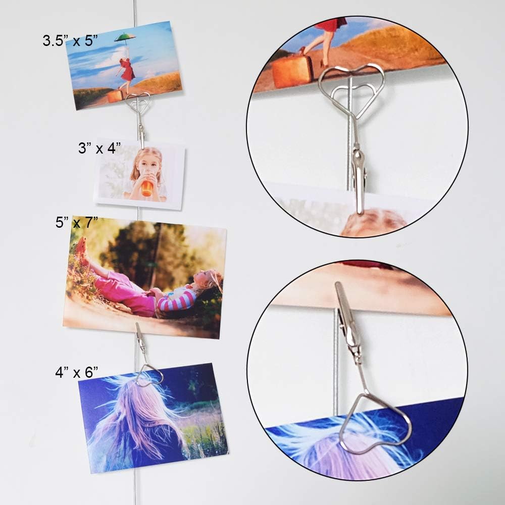 Multi-Purpose Steel Wall Hanging Photo Display Cable Wire Rod with 12 Adjustable Clips for Hanging Photos Notes Postcard and Artworks (Heart)