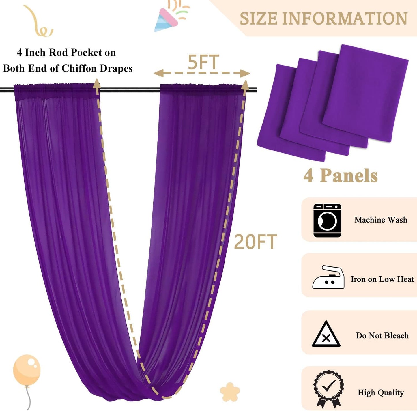 MODFUNS Ceiling Drapes for Weddings Purple Chiffon Sheer Ceiling Curtain 4 Panels 5FTx20FT Wedding Arch Draping Fabric Chiffon Backdrop Curtains Tulle Arbor Drapery Party Stage Ceremony Ceiling Sheer