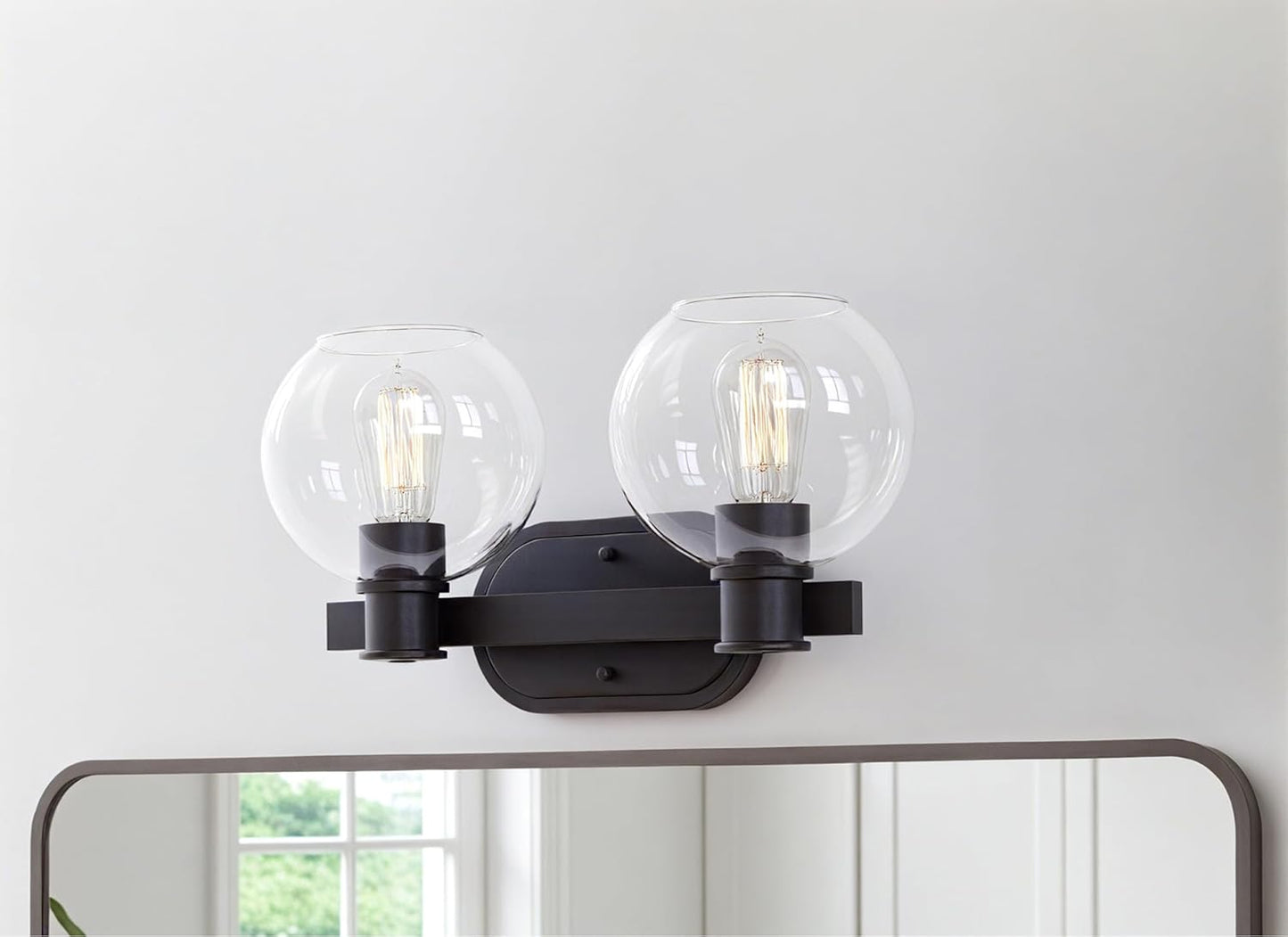 Dan Modern Farmhouse 2-Light Vanity Light Wall Sconce Lighting with Clear Glass Globe Shade in Light Black Finish for Bedroom, Hallway, Kitchen