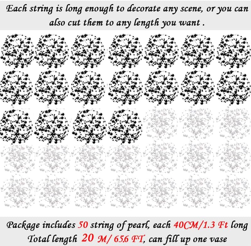 50 PCS Artificial Pearl String Beads - 10+5mm Black&White Floating Beads for Centerpieces, Vase Fillers, Wedding, Birthday Party, and Candle Decor