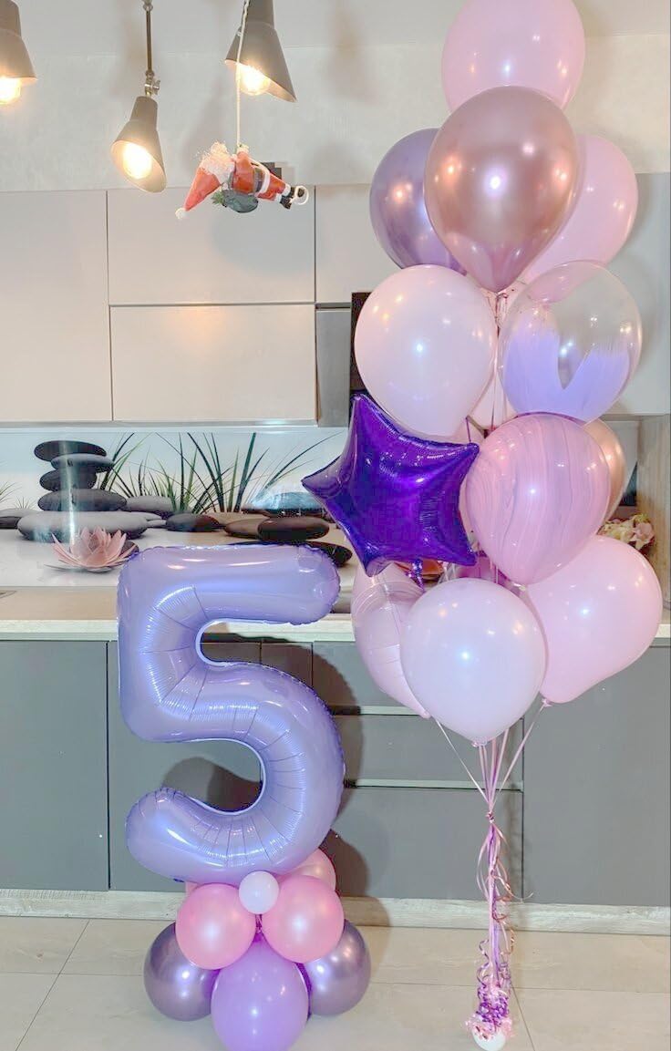 Lilac 40 Inch Large Number 5 Birthday Balloon, Five 5th 15 25 35 50 55 Birthday Celebration Decorations, Lavender Foil 5 Mylar Helium Balloons Girl Boy Anniversary Party Supplies