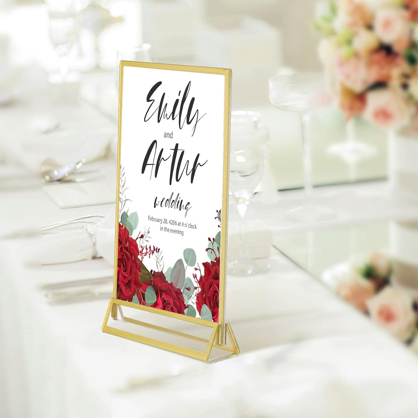 Blulu 12 Pack Acrylic Sign Holder Double Sided Picture Frame Wedding Table Number Stands with Border and Vertical Clear Display Menu Holders for Wedding Party Restaurant(4 x 6 Inch,Gold)