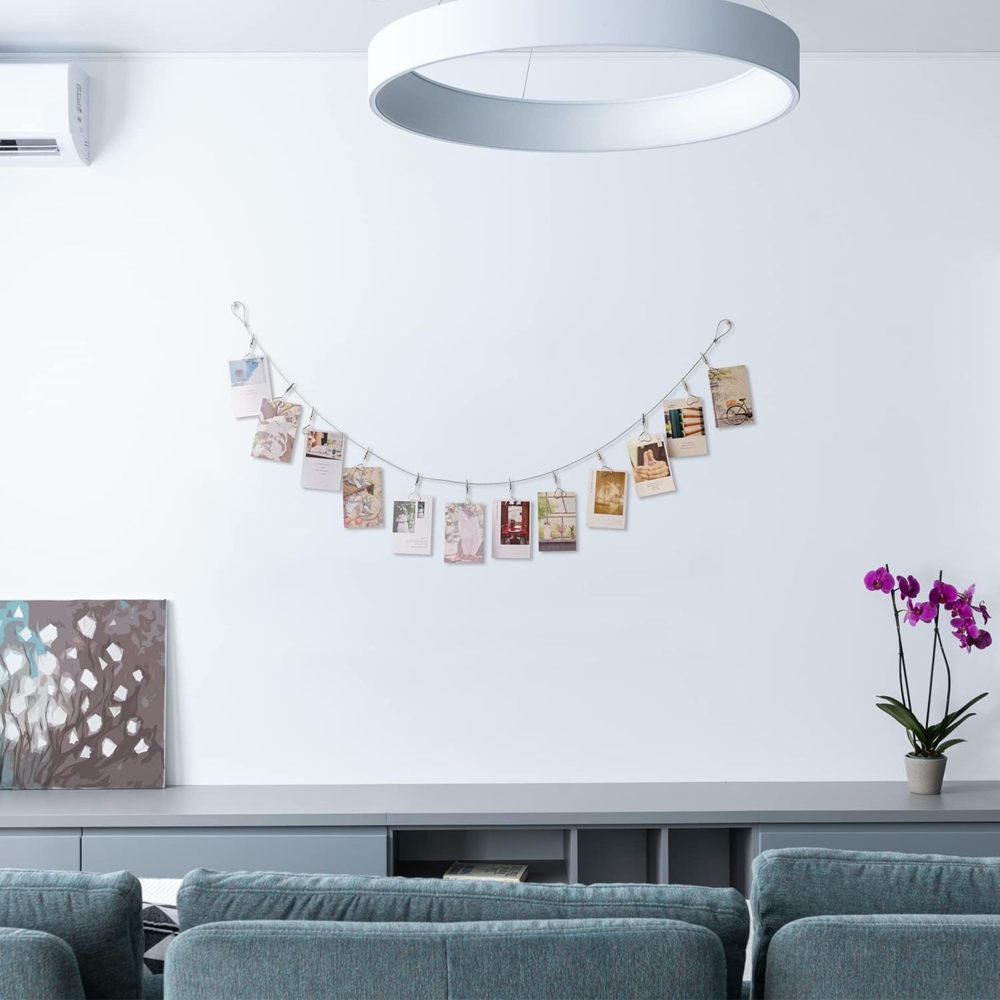 Multi-Purpose Steel Wall Hanging Photo Display Cable Wire Rod with 12 Adjustable Clips for Hanging Photos Notes Postcard and Artworks (Heart)