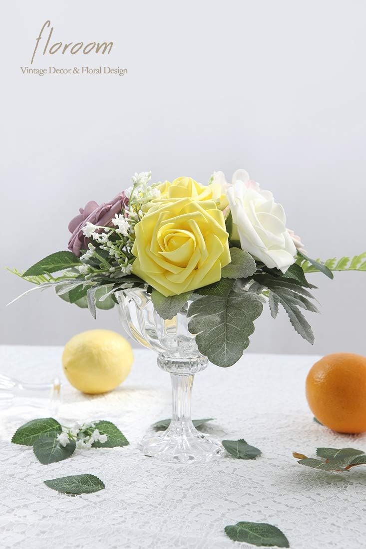 Floroom Artificial Flowers 25pcs Real Looking Canary Yellow Foam Fake Roses with Stems for DIY Wedding Bouquets Baby Shower Centerpieces Floral Arrangements Party Tables Home Decorations