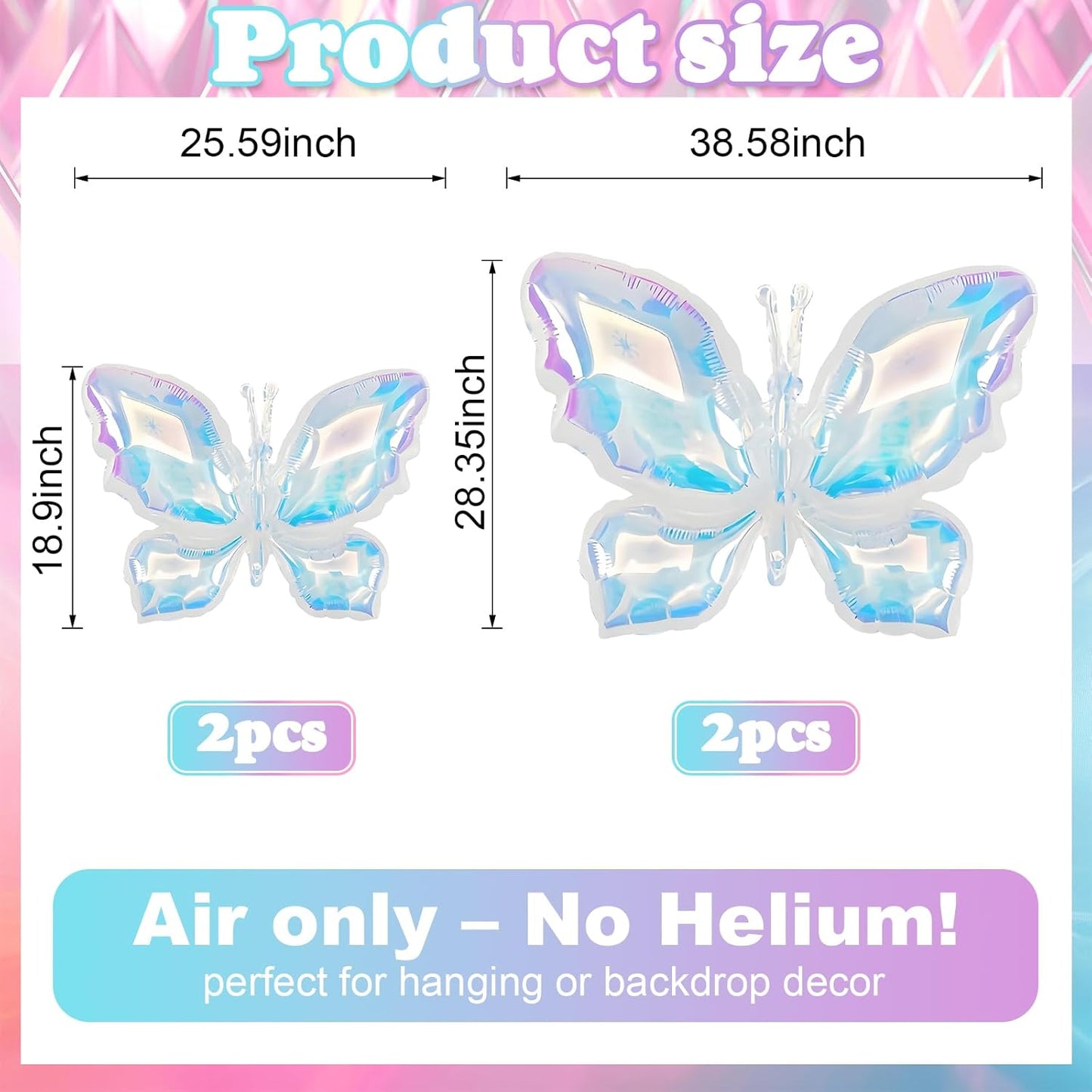 4Pcs Iridescent Foil Balloons, Iridescent Butterfly Foil Balloons, Rainbow Butterfly Holographic Clear Foil Balloon for Birthday Baby Shower Mermaid Rainbow Wedding Party Decorations