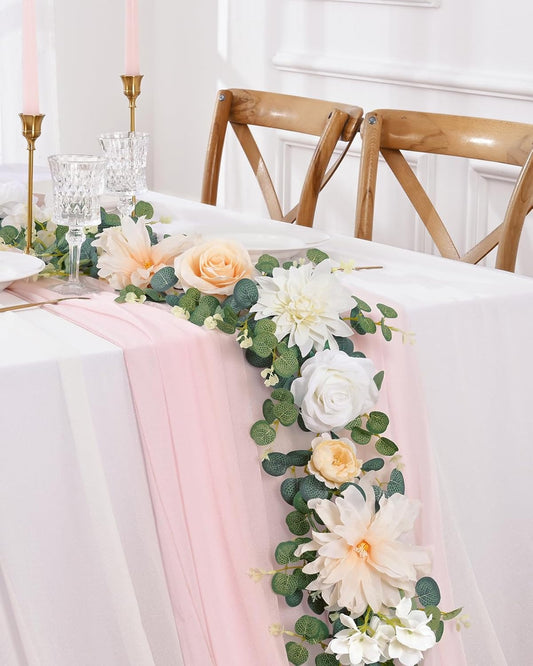 Waipfaru 6.07Ft Eucalyptus Greenery Garland with Flowers, Dusty Blue and White Rose Flower Vines for Wedding Table Runner Centerpieces Backdrop Room Decor