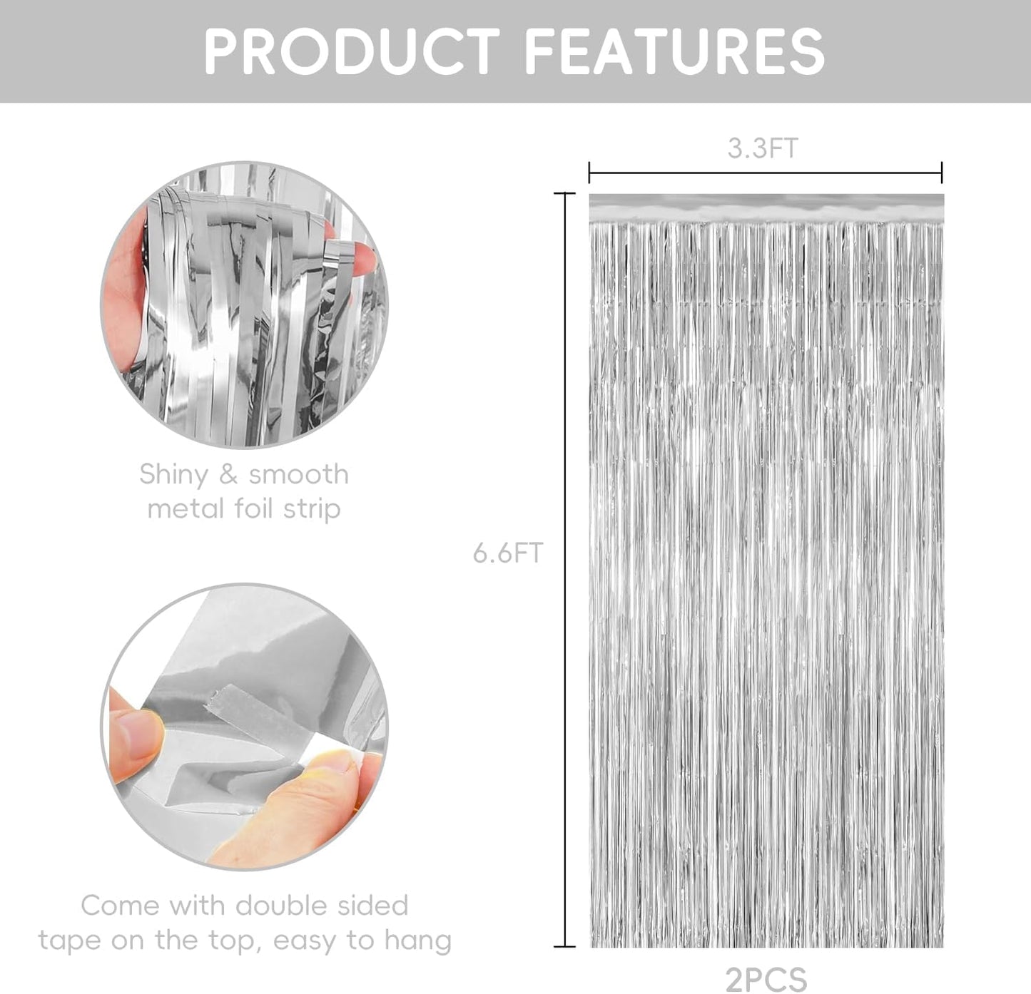 2 Pack Silver Streamers Party Decorations Silver Tinsel Backdrop Supplies Foil Curtain Backdrop for Baby Shower Birthday Bachelorette Wedding Engagement Holiday Celebration Party Decorations