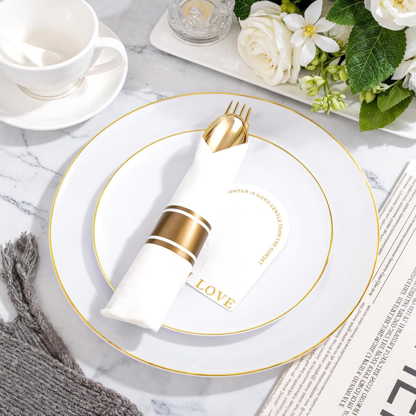 KIRE 175PCS Gold Plates Disposable - Heavy Duty White and Gold Plastic Plates Dinnerware Sets - 25 for Dinner 25 for Dessert 25 Pre Rolled Napkins and 25 Cups for Birthday/Thanksgiving Party/Wedding