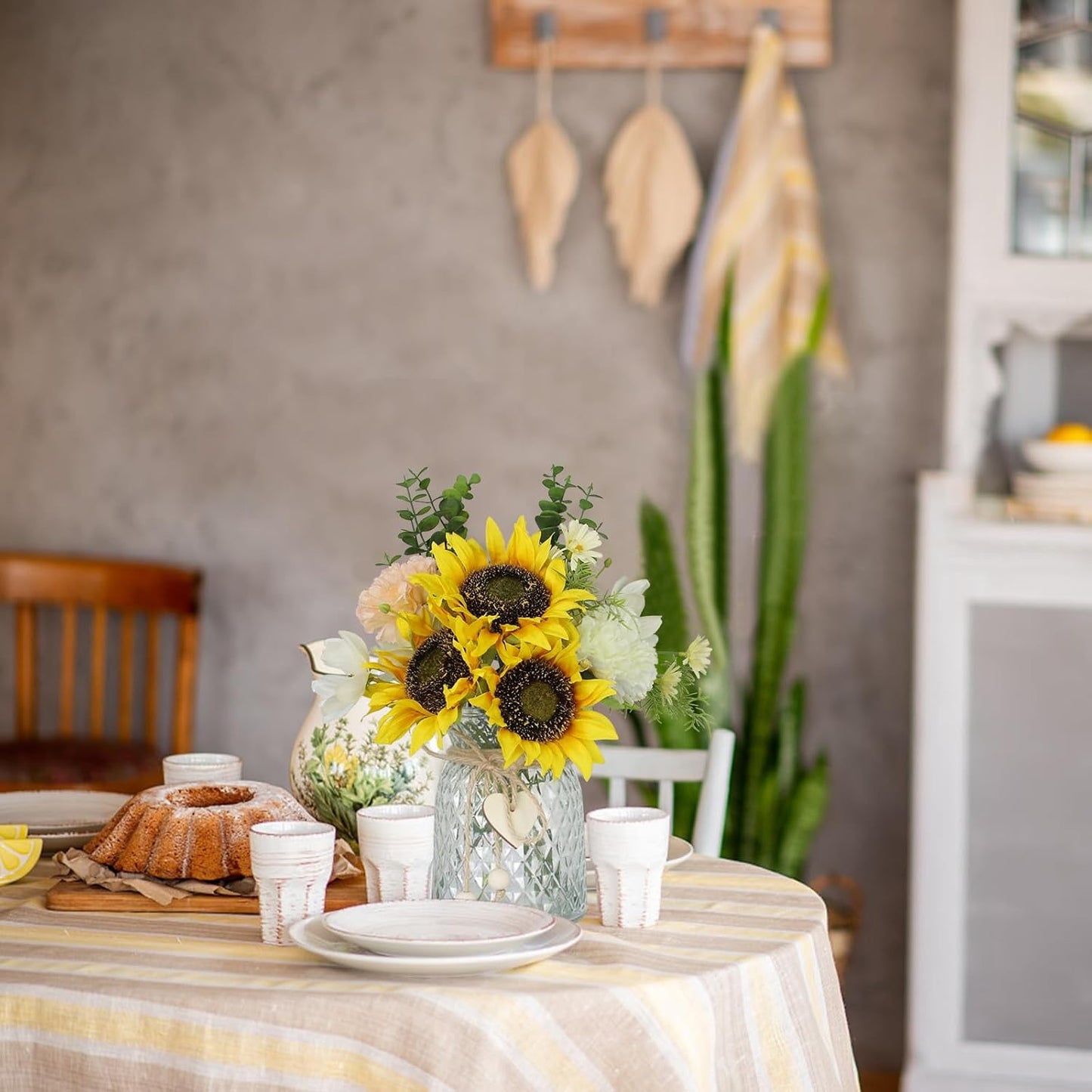 Artificial Sunflower Bouquets - Silk Fake Flowers with Vase, Centerpieces for Dining Room and Coffee Table Decor