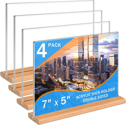 Kersally Acrylic Sign Holder 7 x 5'', 4 Pack Double-Sided Clear Table Display Stands with Wood Base,Horizontal Acrylic Frame Menu Flyer Paper Holder for Store, Restaurant, Hotel, Office, Show Fair
