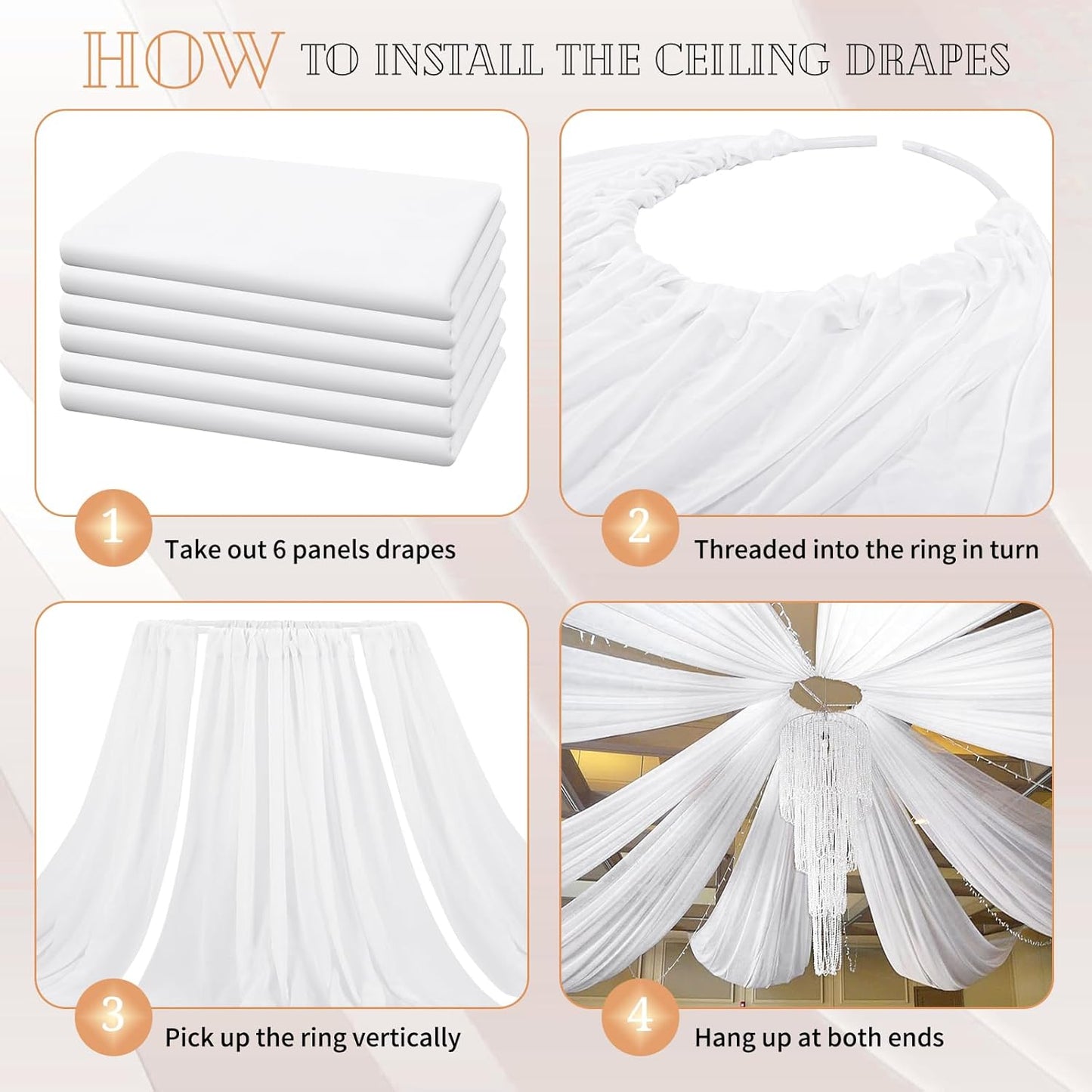 6 Panels White Ceiling Drapes 5ftx30ft Sheer Drapery Ceiling Curtains Chiffon Fabric Arch Draping for Wedding Party Ceremony Birthday Baby Shower Reception Stage Ceiling Decorations