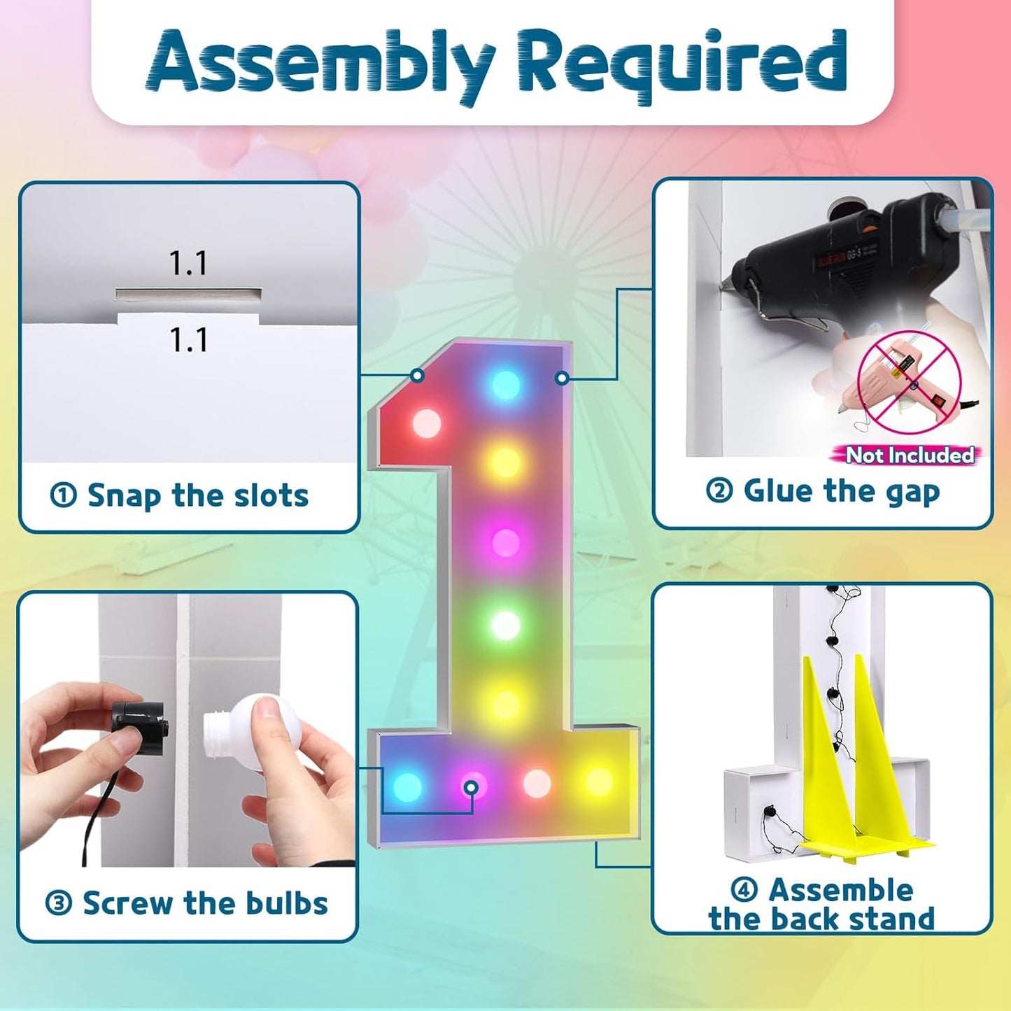 imprsv 4FT Colorful Marquee Numbers,18 Colors Number 1 with Remote, Light Up Numbers Sign for 1st Birthday Decorations Anniversary Party Decor, Pre-Cut Foam Board Kit, Mosaic Sign for Balloon