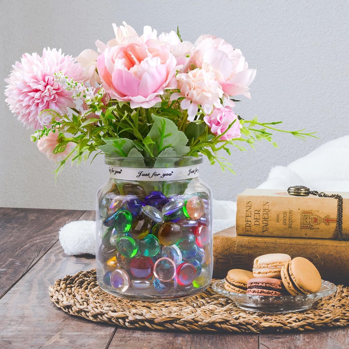 KINGOU Flat Glass Gems/Marbles/Stones/Beads for Vase Filler, Table Scatter, Aquarium - 1 Lbs (17-19mm, Approx. 3/4")-Colorful