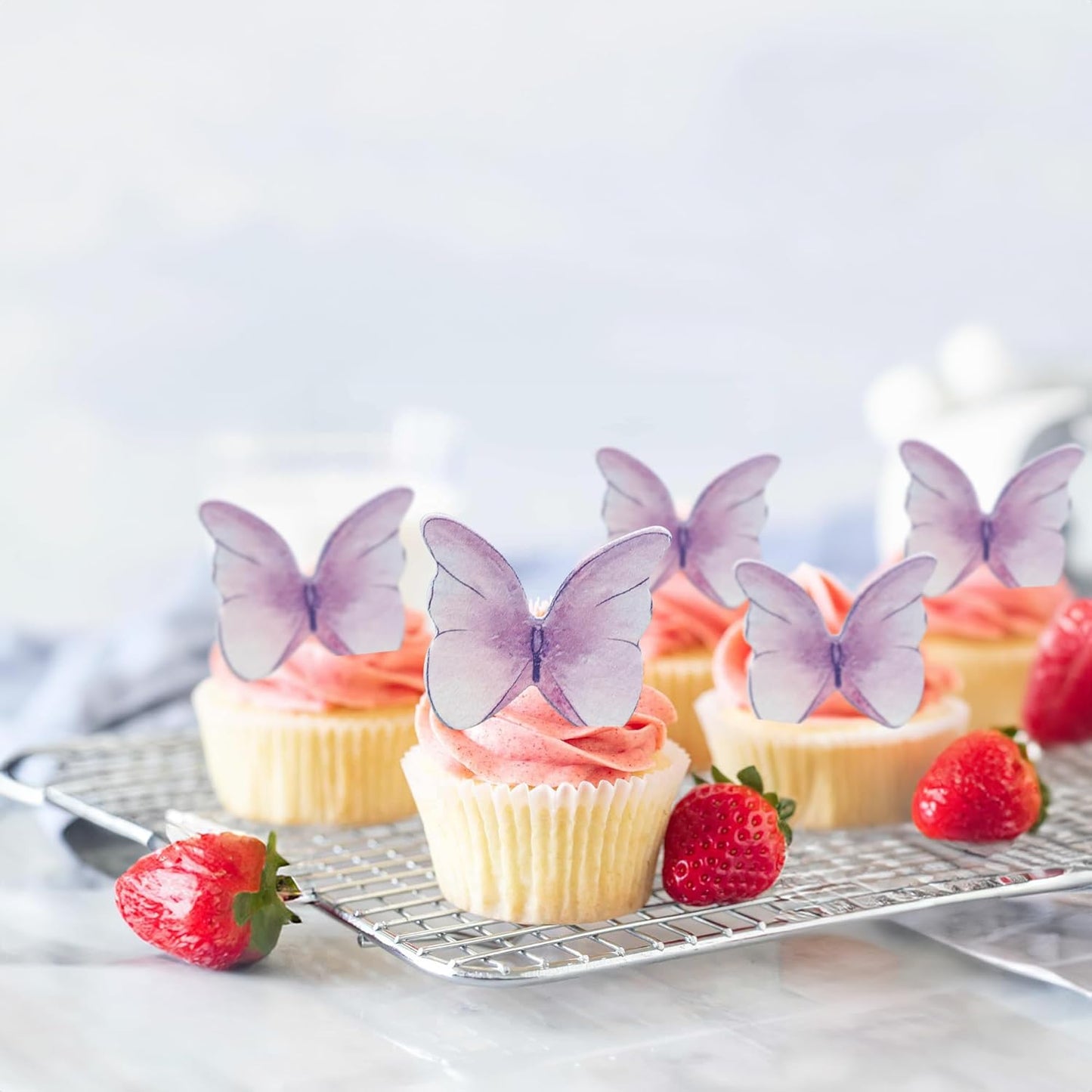 Ephlyn 48Pcs Edible Butterfly Cupcake Toppers Cute 3D Butterfly Cake Picks for Baby Shower Bridal Shower Boys Girls Birthday Party Cake Decorations Supplies Purple