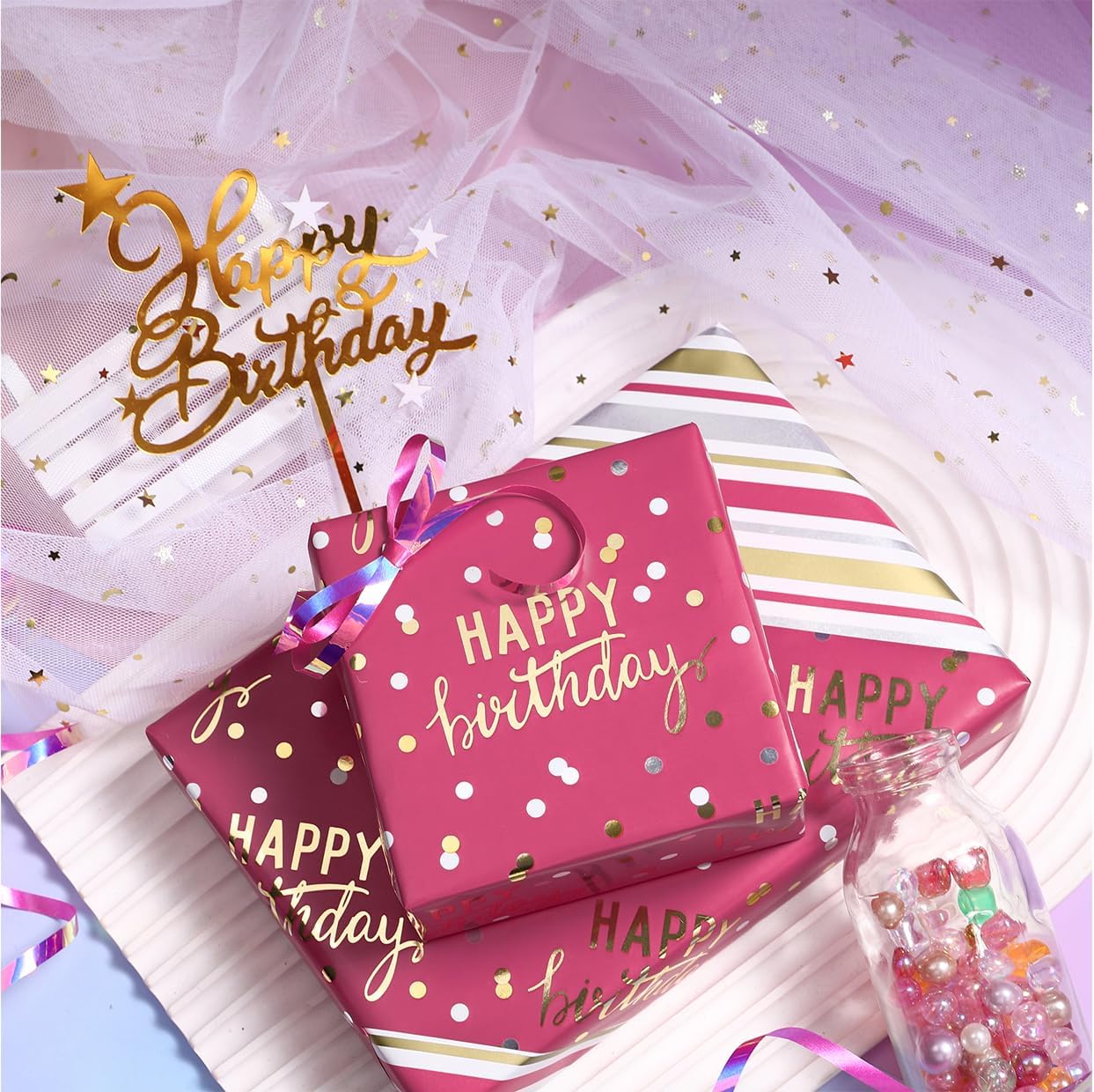 LeZakaa Reversible Pink Birthday Wrapping Paper Roll for Girls Women, Happy Birthday Lettering & Stripe Pattern with Metallic Foil in Rose Pink, Mini Roll, 17 inches x 32.8 Feet (46.45 sq.ft.)