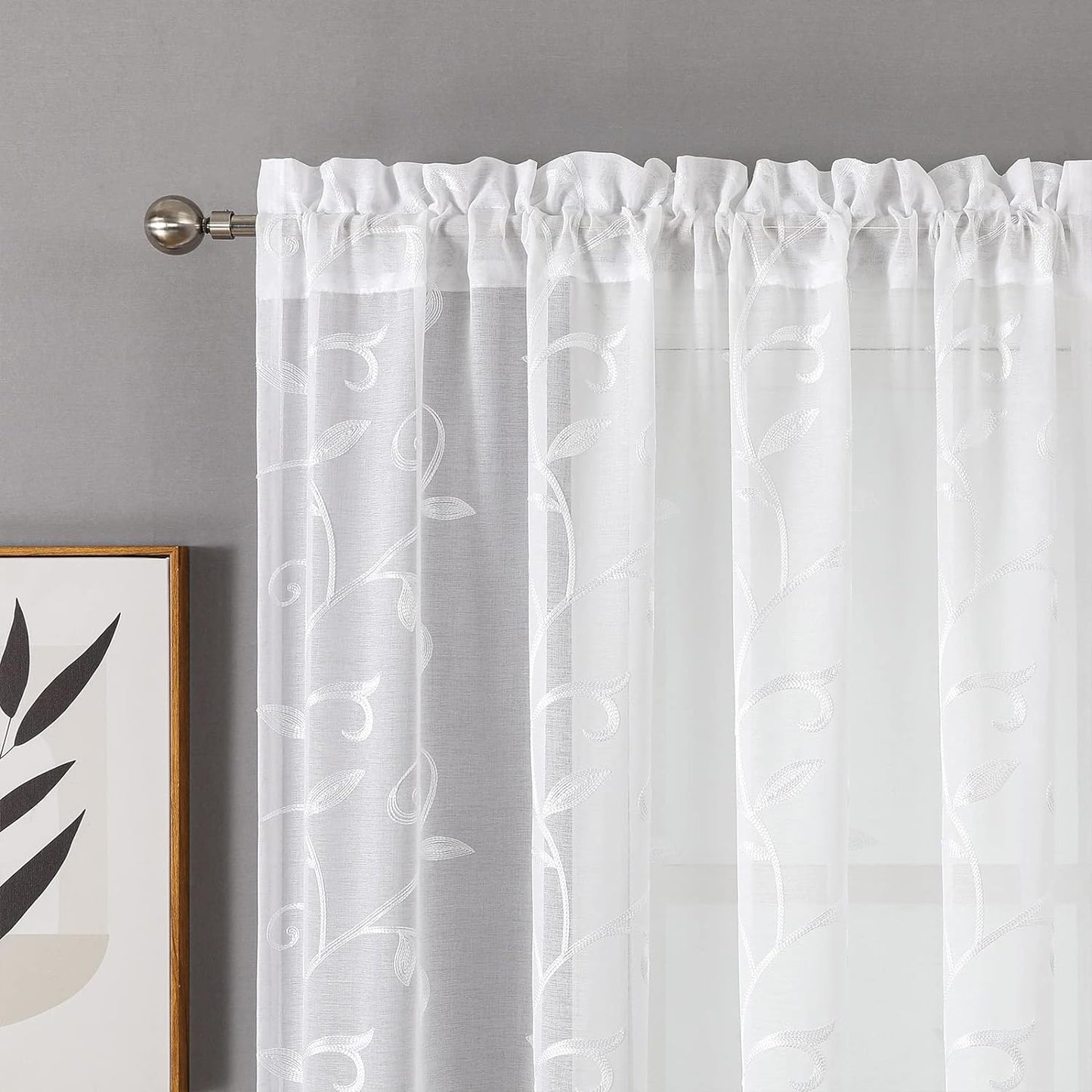 VISIONTEX White Leaves Sheer Voile Curtains, Decorative Embroidery Rod Pocket Window Drapes for Home Living Room and Bedroom 54 x 84 Inch, Set of 2 Curtain Panels