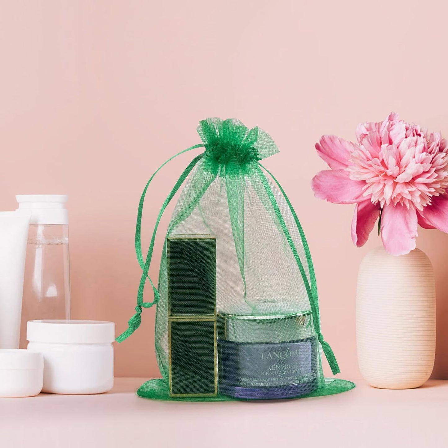 50 Pcs 4x6 Inch Green Mesh Bags, Organza Bags with Drawstring Small Mesh Pouch for Christmas Gift Party Favor Wedding