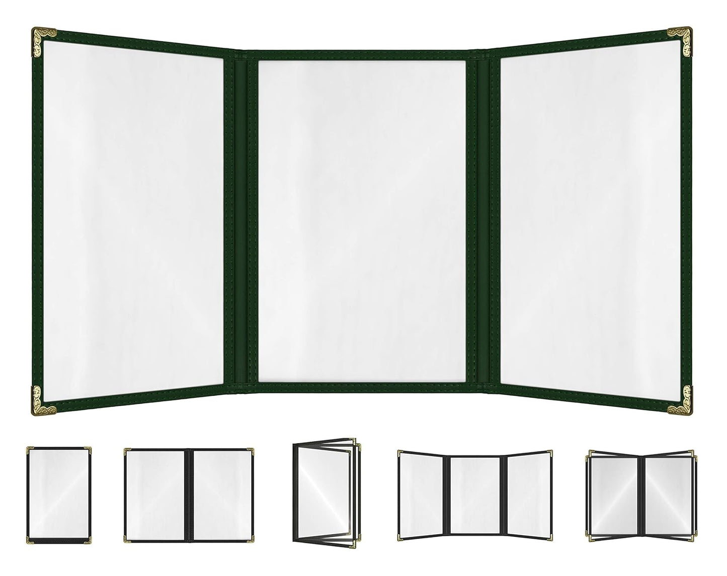 Goodsmart Restaurant Menu Covers – 25 Pack Green 6-View Trifold 5.5" x 8.5", Side-Loading Vinyl & Plastic Menu Holders, Clear Menu Sleeves, Leather-Style Café Covers with Gold Corners