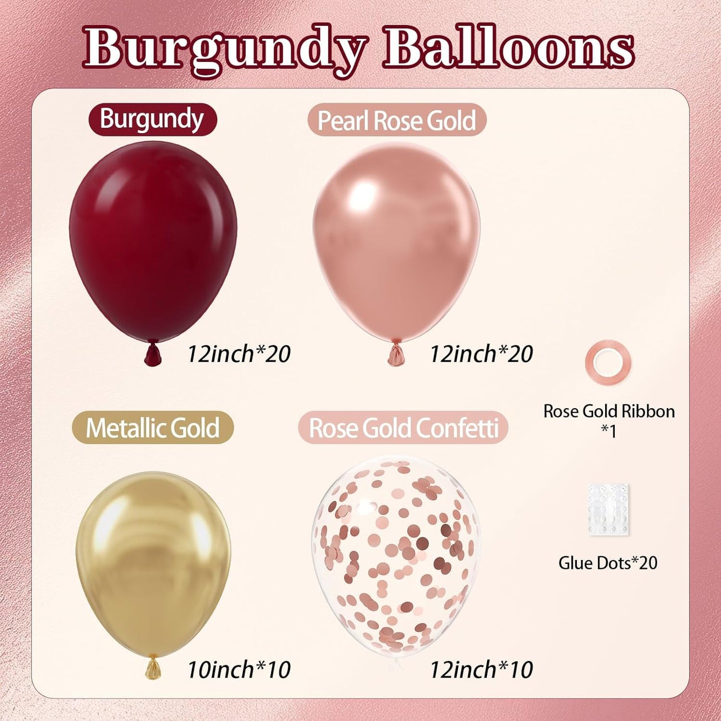 60pcs Burgundy and gold Balloons 12inch with Maroon Pearl Rose Gold Confetti Metallic Gold Balloons for Wedding Bridal Shower Anniversary Birthday Party Decorations