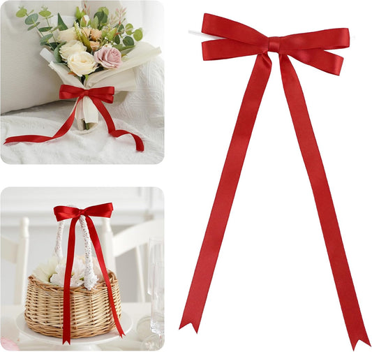AIMUDI Red Bow 5 × 10" Satin Bow for Gift Wrapping Twist Tie Bows Premade Ribbon Bows for Bouquets Invitations Baskets Crafts Wreaths Wedding Birthday Party Mother's Day Decorations, 36 PCs