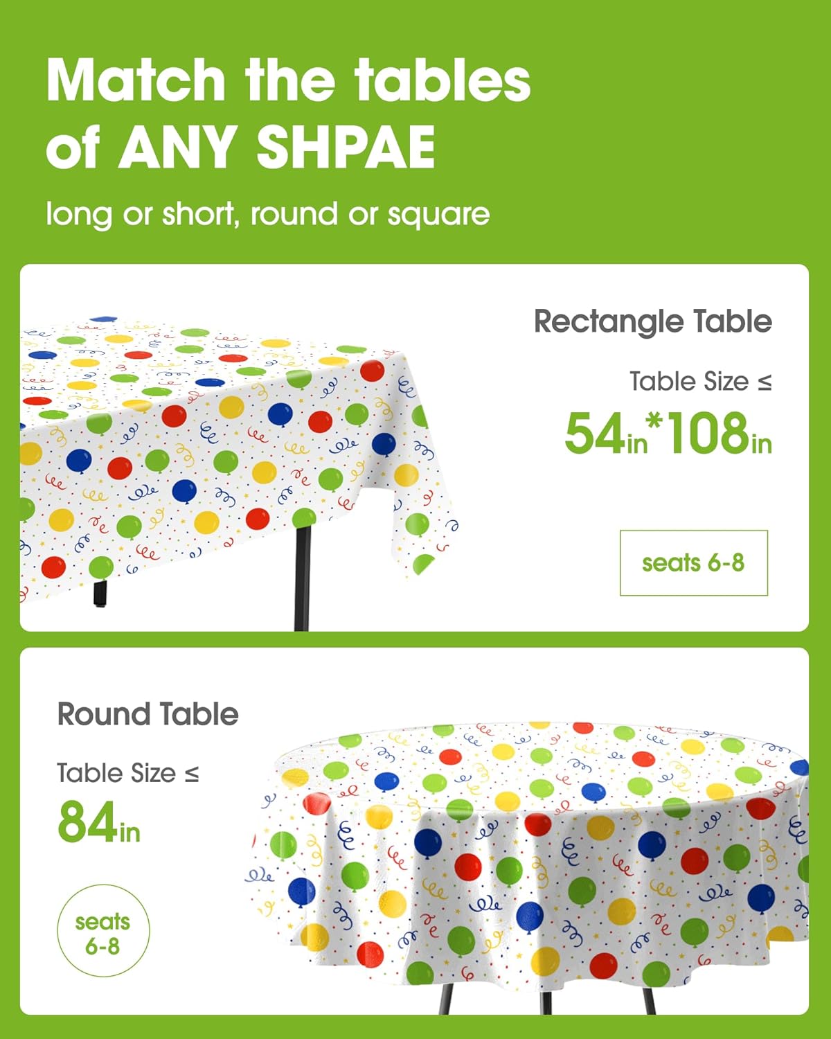 Pureegg Plastic Table Cloth Disposable 10 Pack, 54 x 108 Inch Table Cloths, Birthday Party Decorations, Picnic, White Tablecloths, Rectangle, Colorful, Rainbow Cover, Leakproof & Sturdy, Balloon