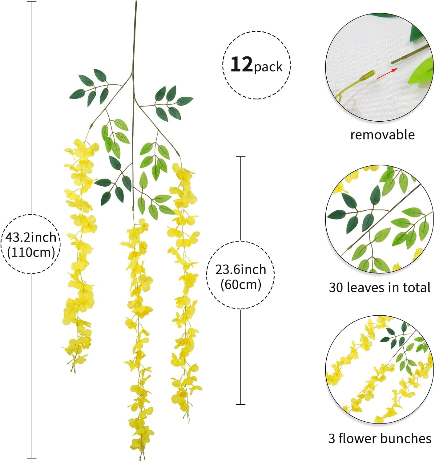 Wisteria Hanging Flowers 12 Pack Wisteria Artificial Flowers Fake Silk Flowers String Vine Ratta Hanging Garland for Home Garden Party Wedding Backdrop Arch Decor (Yellow)