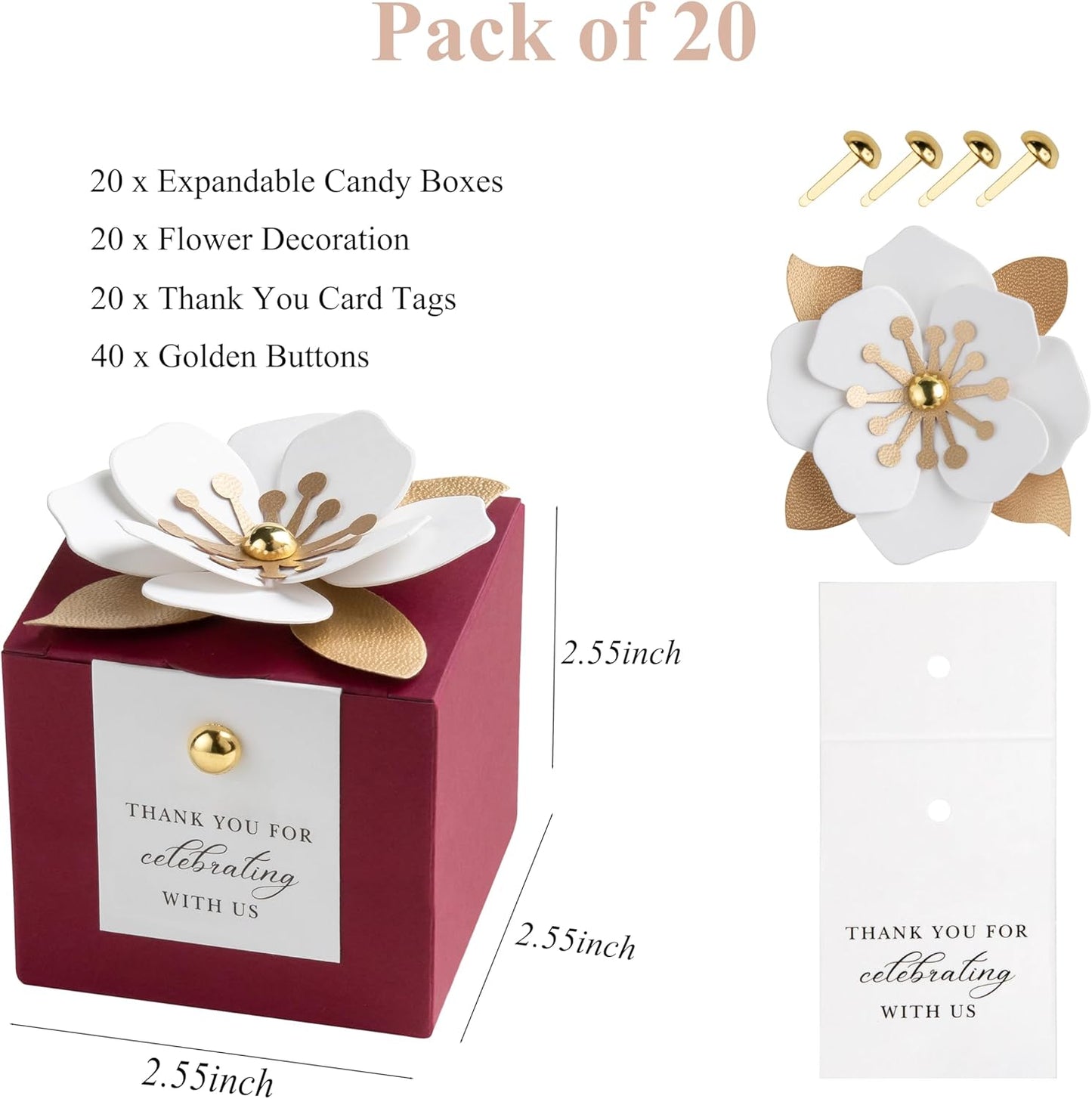 FEIYI 20 PCS Candy Boxes, 3 In 1 Burgundy Favor Boxes with Floral Decor, White Thank You Tags Gift wrapping for Wedding Birthday Baby Shower Decorations Party -2.55x2.55x2.55''
