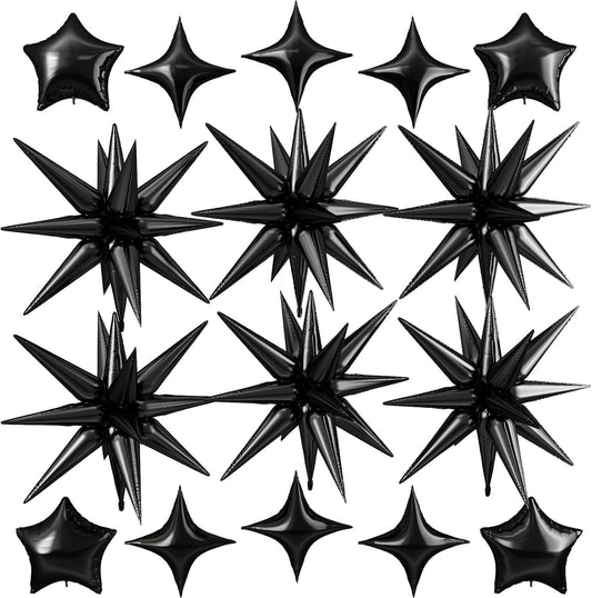Black Star Balloon,16Pcs Star Foil Balloons Set with 22Inch Explosion Spike Cone Balloons and 10Inch Quadrangle Helium Balloon for Birthday Wedding Baby Shower and Halloween Party Decorations
