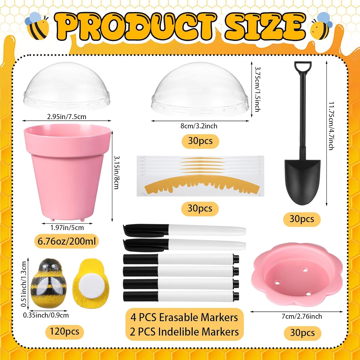 30 Sets Mini Honey Bee Pots with Lids, Spoon, Saucers and Bee Charms, 6.76 OZ Plastic Honey Jars for Cupcake Dessert Themed Party Favor Planter Baby Shower Birthday Wedding Decoration (Pink)