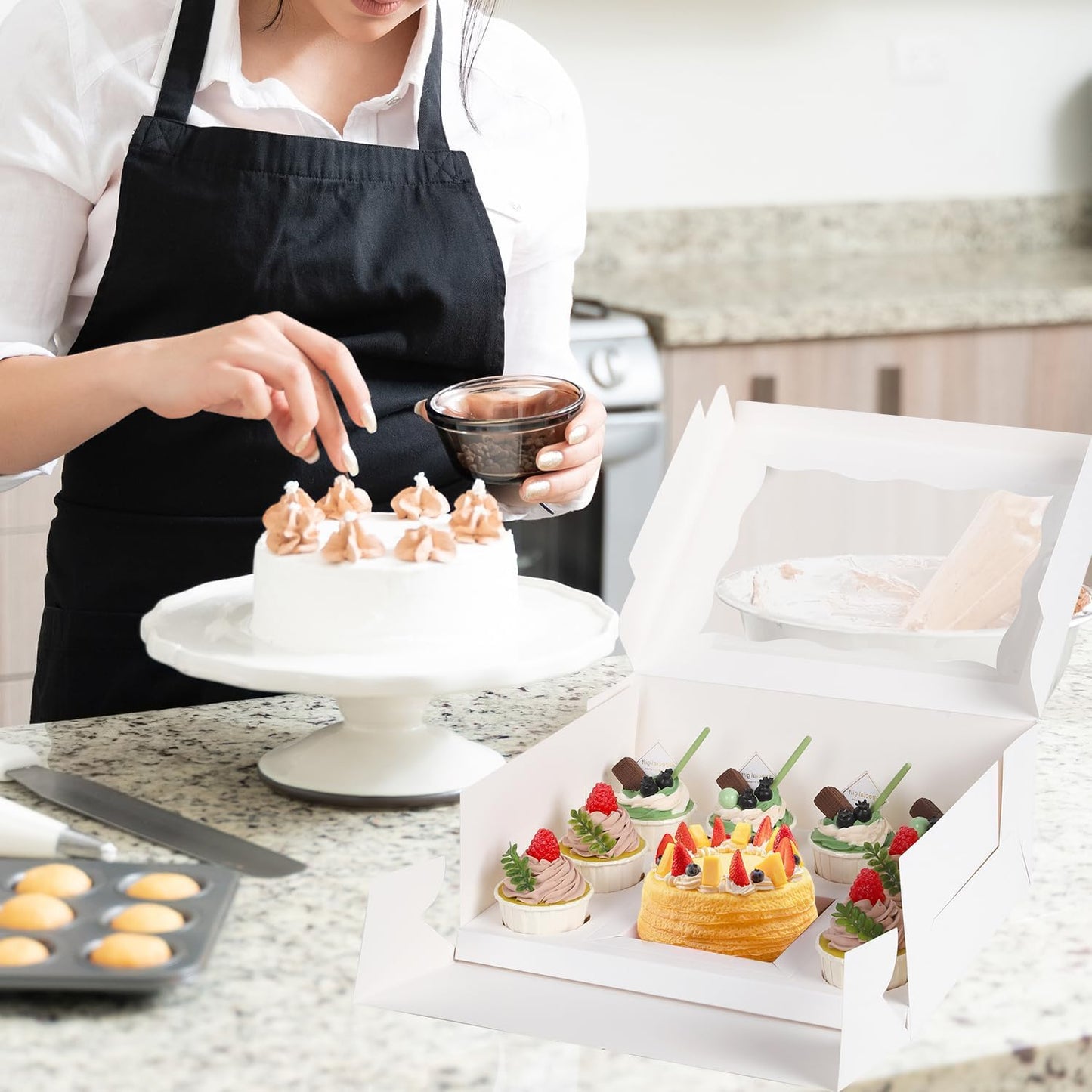 JCD 16 Pcs Cake and Cupcake Combo Bento Boxes with Clear Lid and 8 Cupcake Holes for Vanlentine Wedding Birthday Party Bakery Baking Supplies (1+8/16Pcs)