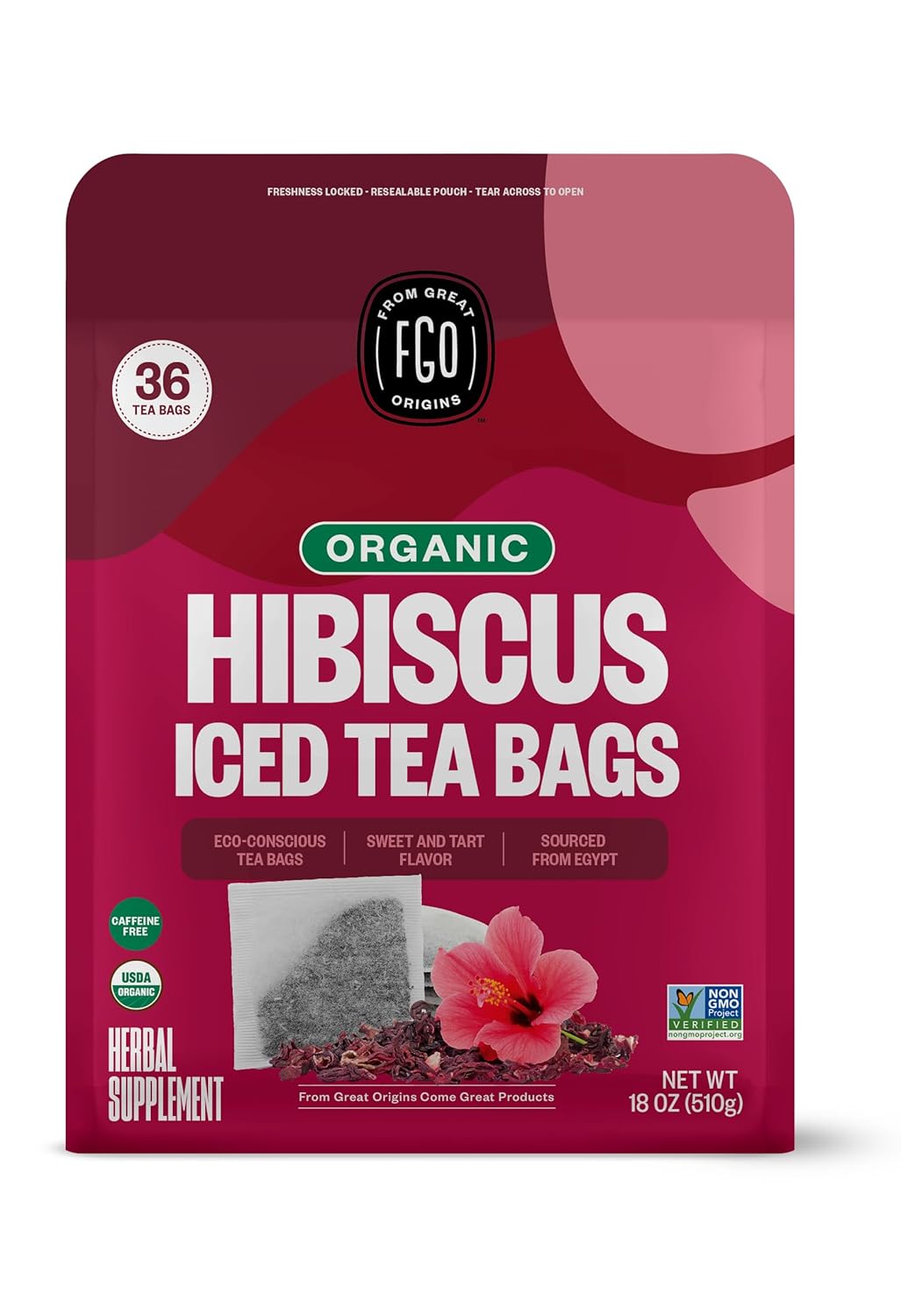 FGO Organic Hibiscus Iced Tea, 36 Eco-Conscious Pitcher Sized Tea Bags, Packaging May Vary (Pack of 1)