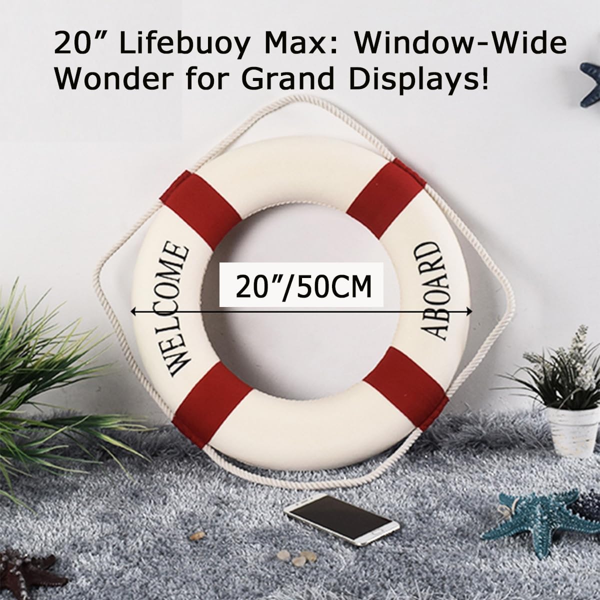 MorroMorn Lifebuoy Wall Hanging Decor - Welcome Aboard Mediterranean Style Home Decoration (Red, 20")
