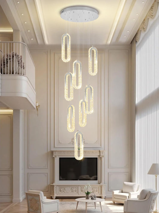 8 Rings Crystal Chandelier,H 118" Modern Silver Pendant Light Luxury Foyer Lighting Fixture High Ceiling Chandelier for Entryway,Staircase,Living Room,Villa LED Dimmable 2700K-6000K