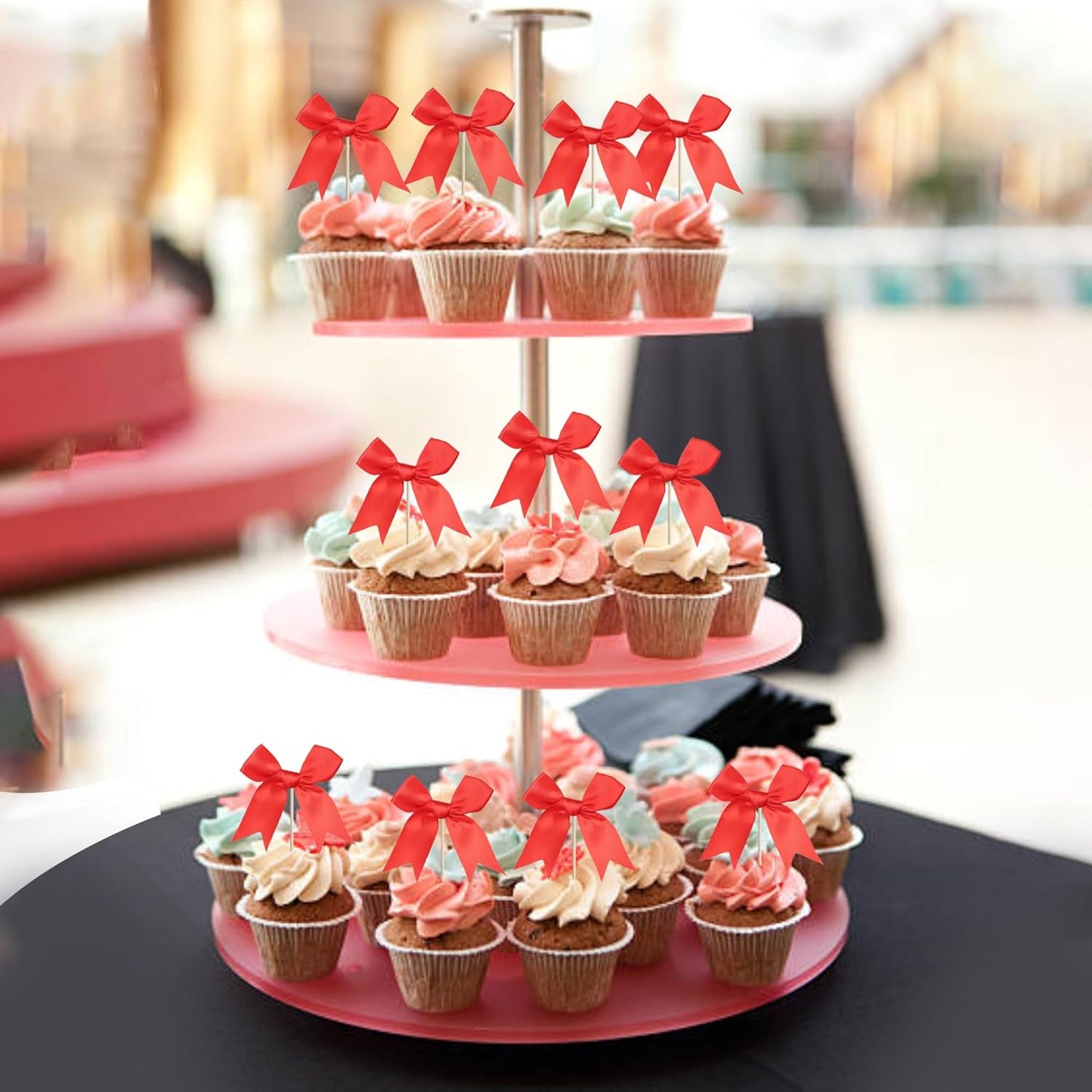 24 PCS Bow Cupcake Toppers Bowknot Cake Toppers Bow Cupcake Picks Bowknot Birthday Party Decorations Bow Cake Dessert Picks for Wedding Bridal Engagement Baby Shower Birthday Party Supplies Red