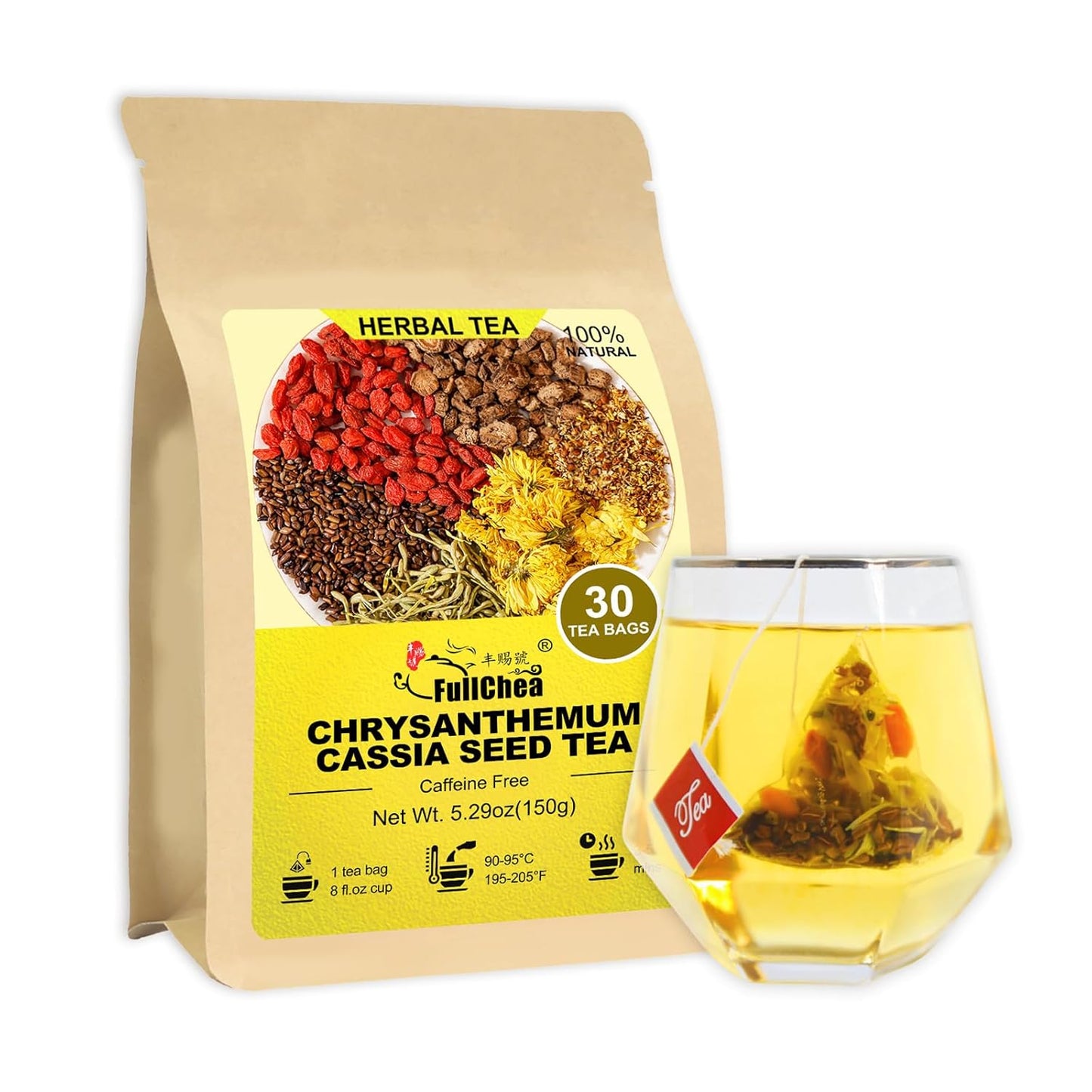 FullChea - Chrysanthemum Cassia Seed Tea, 30 Teabags, 5g/bag - Burdock Root, Goji Berries, Osmanthus, Honeysuckle Combination Herbal Tea