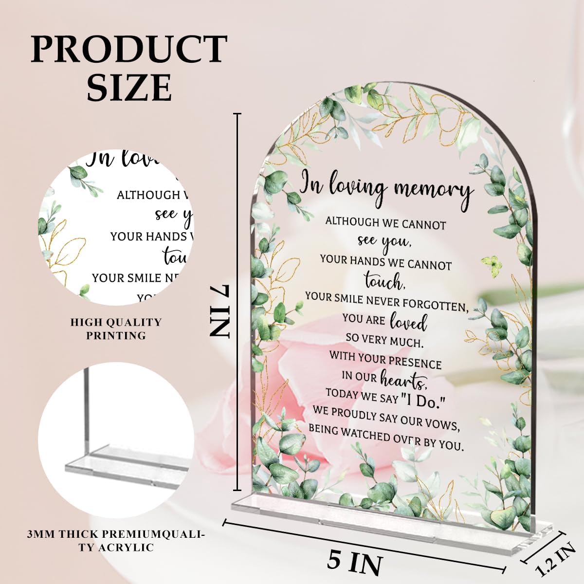 Wedding Sign Decor, In Loving Memory Wedding Sign, 5x7 Inch Arch Acrylic, Weddings Sign for Reception & Event, Bridal Shower Decorations, Wedding Table Sign Accessories for Anniversary Party(Foliage)
