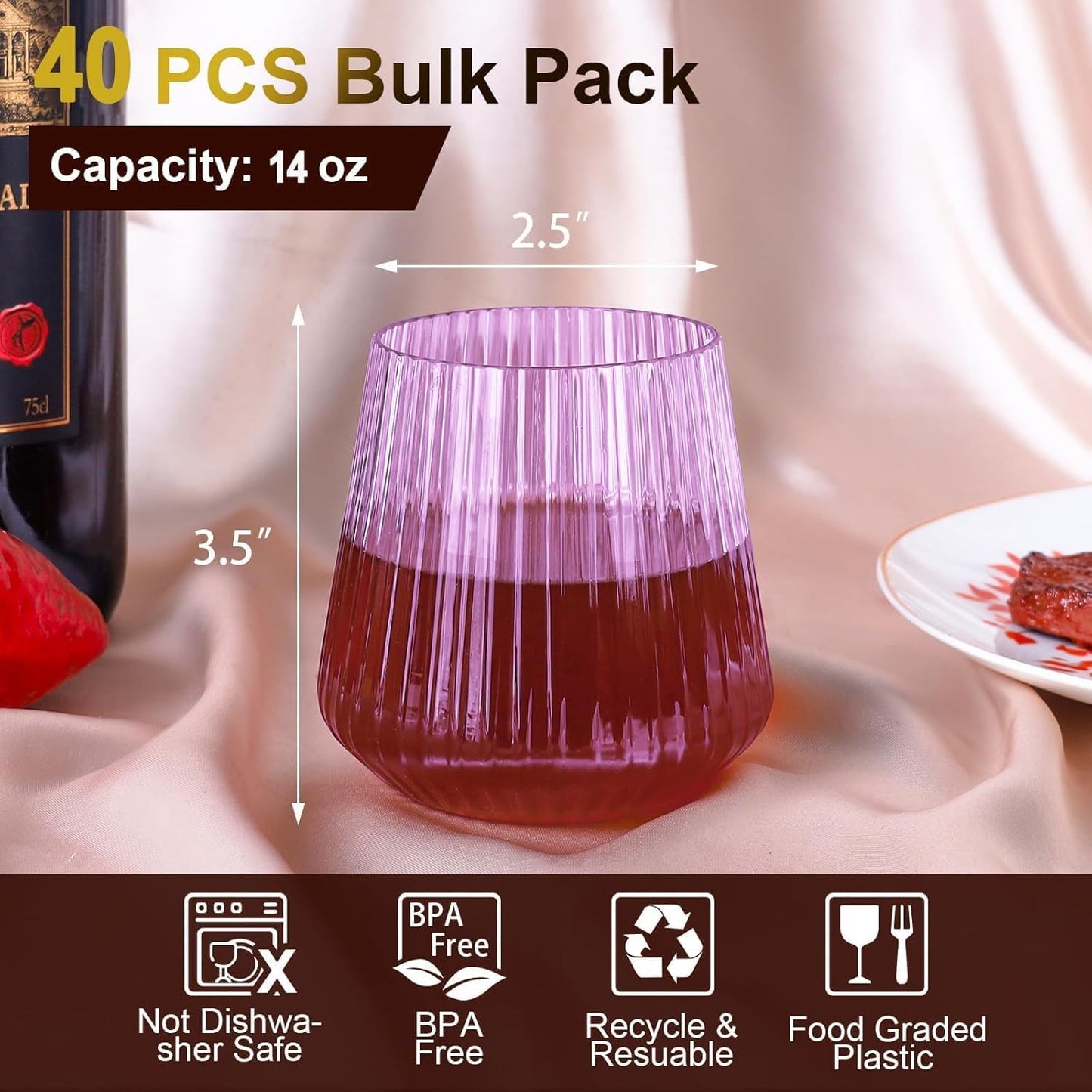40 Pack Plastic Ribbed Wine Glasses, 14Oz Origami Disposable Wine Glasses Unbreakable Clear Plastic Cocktail Glasses Recyclable Shatterproof Reusable Wine Cups (14oz-purple-40pack)