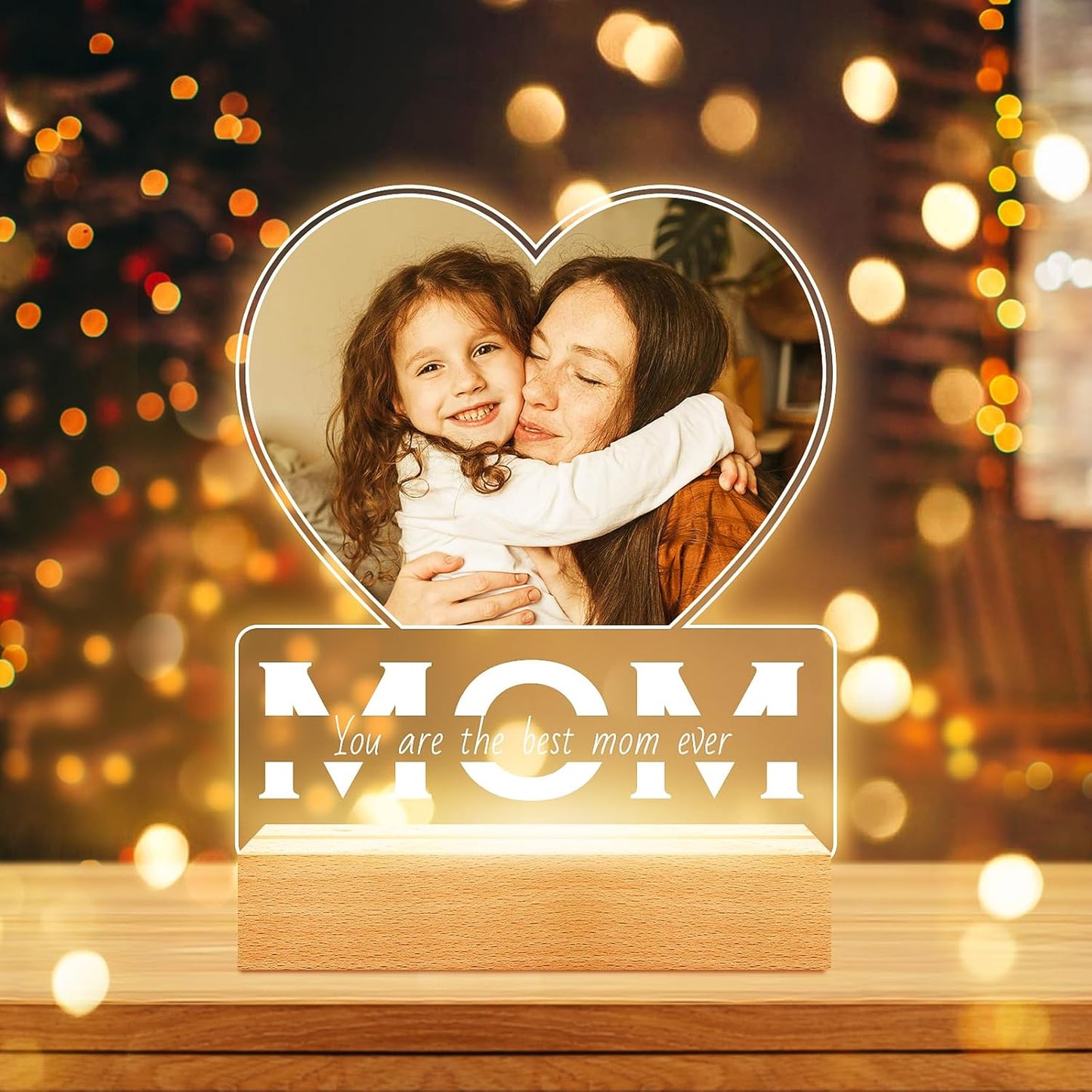 Personalized Birthday Gifts for Mom from Daughter and Son, Custom Heart Picture Frames with Photo, Personalized Photo Frame with Night Light, Customized Mom Gifts for Baby Kids Family
