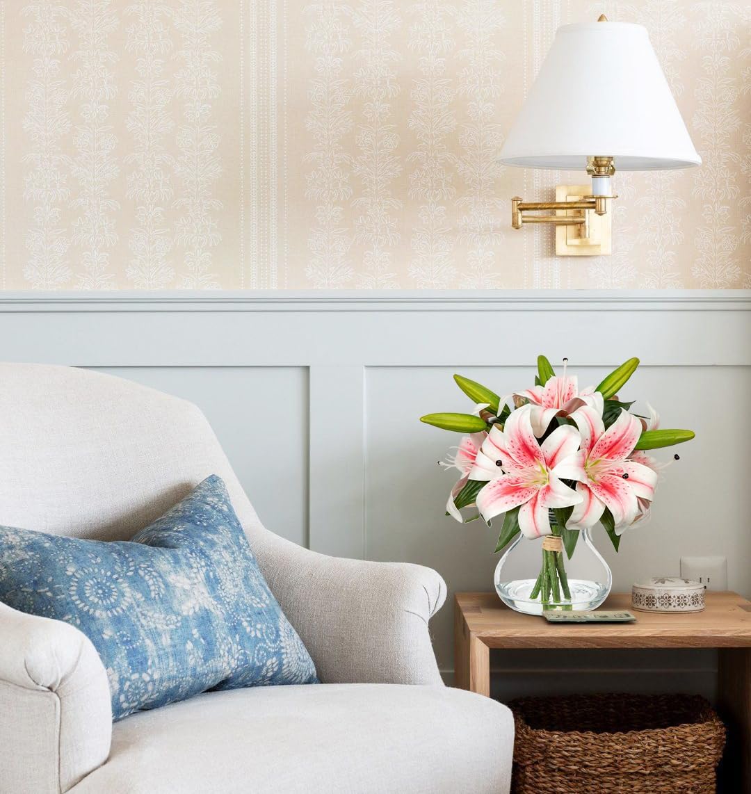 Artificial Flowers Tiger Lily Real Touch with Vase Easter Lily Pink Lilies Silk Faux Flowers Arrangements in Glass Vase with Faux Water Easter Decor Fake Floral Bulk Bouquet for Office Home Decor