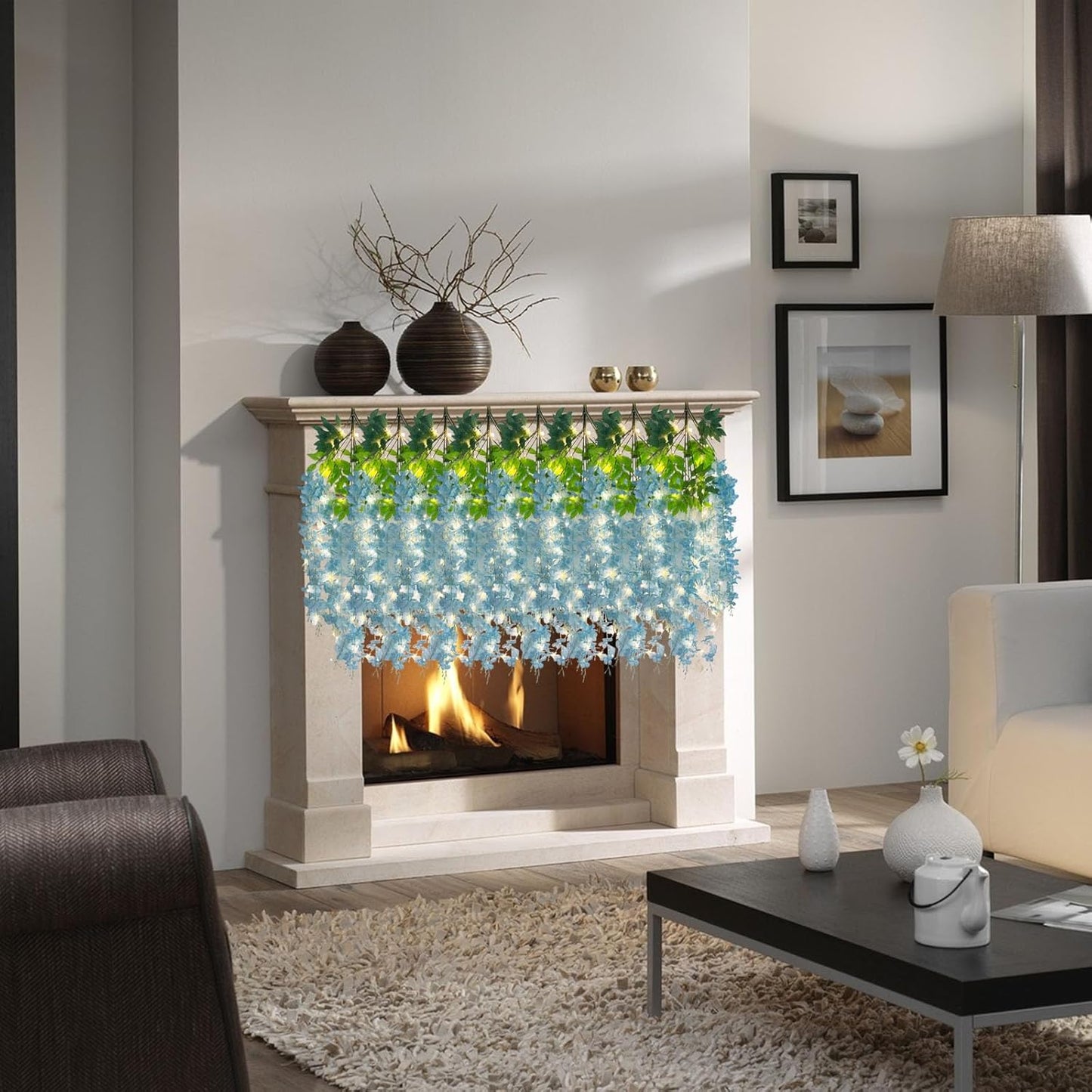 12 Pack Lake Blue Wisteria Hanging Flowers Garland with Lights, 3.44 Feet Artificial Flower Vines, Fake Wisteria, Artificial Vines Hanging Garland for Backdrop Outdoor Patio Garden Decor