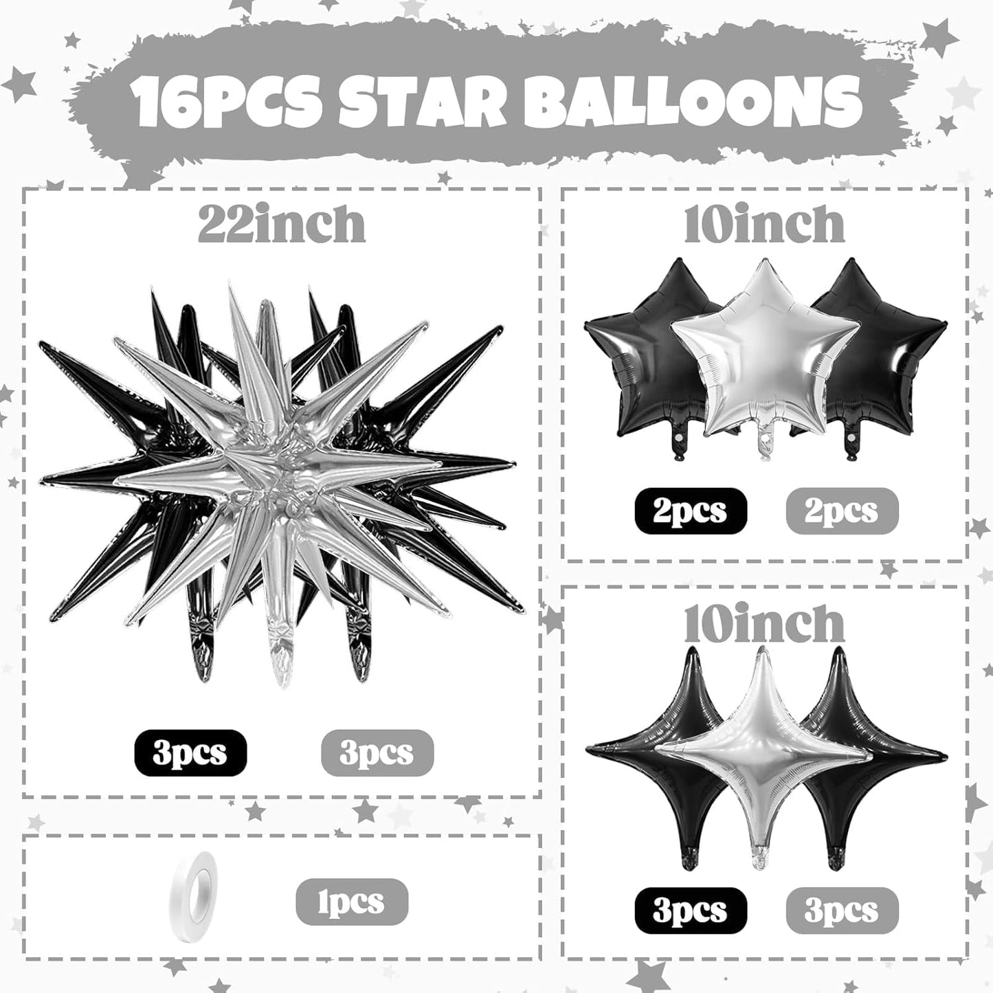 Black Silver Star Balloon,16Pcs Star Foil Balloons Set with 22Inch Explosion Spike Cone Balloons and 10Inch Quadrangle Helium Balloon for Birthday Wedding Baby Shower Party Decorations