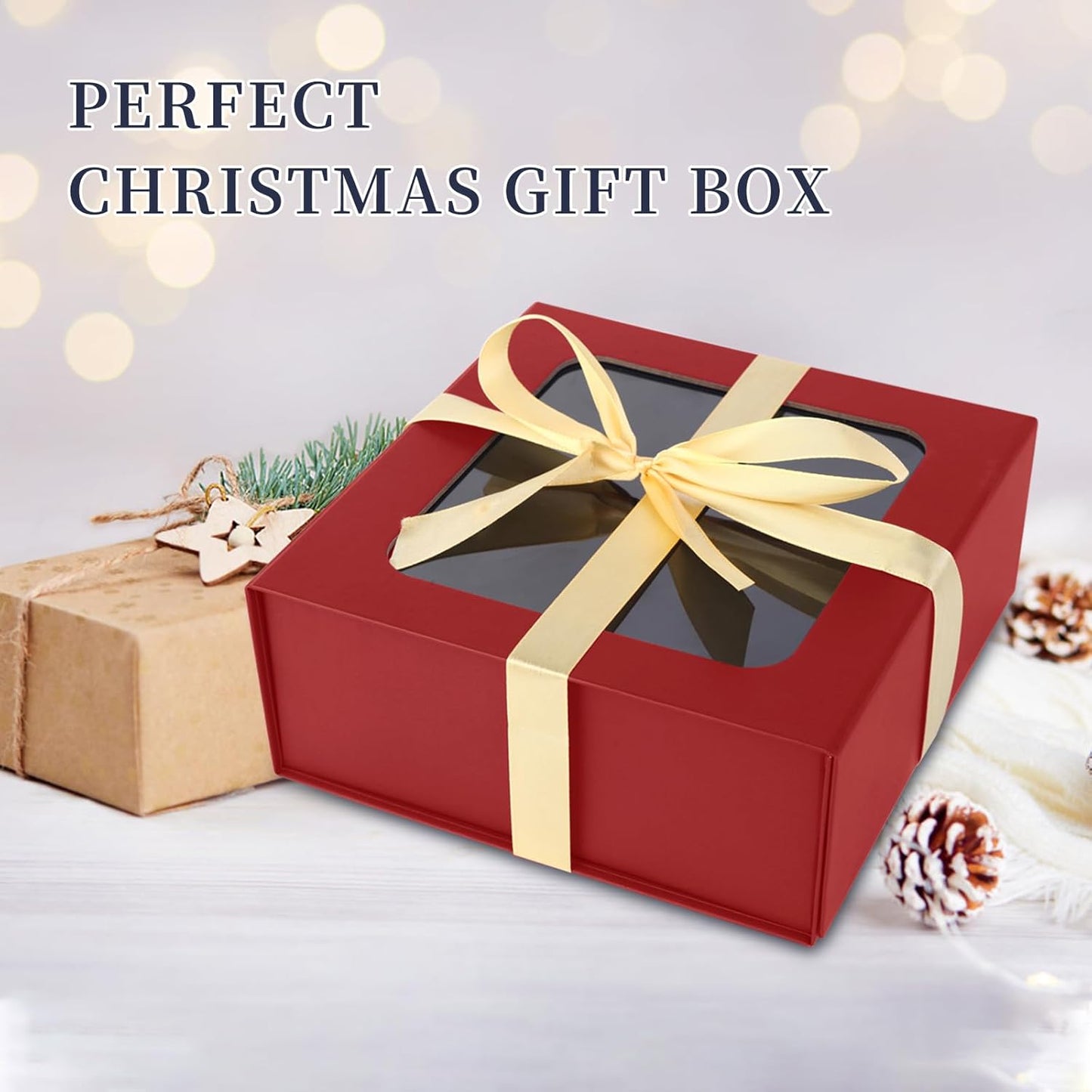 TIACABO Red Gift Box with Window,7.5"x7.5"x3.1" Bridesmaid Boxe for Gifts Giving,Birthday Gift Boxes with Magnetic,Closure Lid Gifts Boxes for Presents,Cute Box,Luxury for Gift Packaging