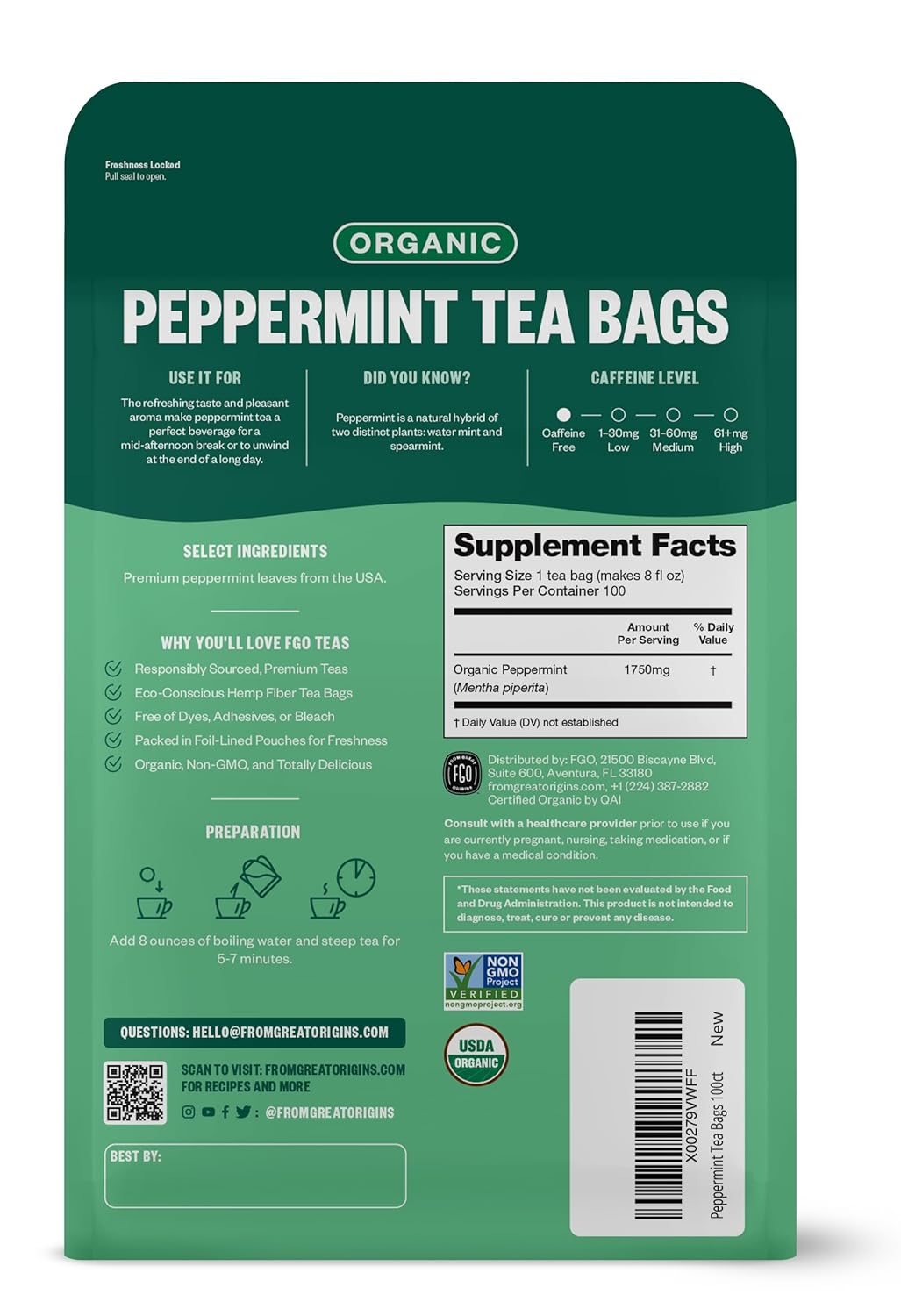 FGO Organic Peppermint Tea, 100 Count, Eco-Conscious Tea Bags, Caffeine Free, Packaging May Vary (Pack of 1)